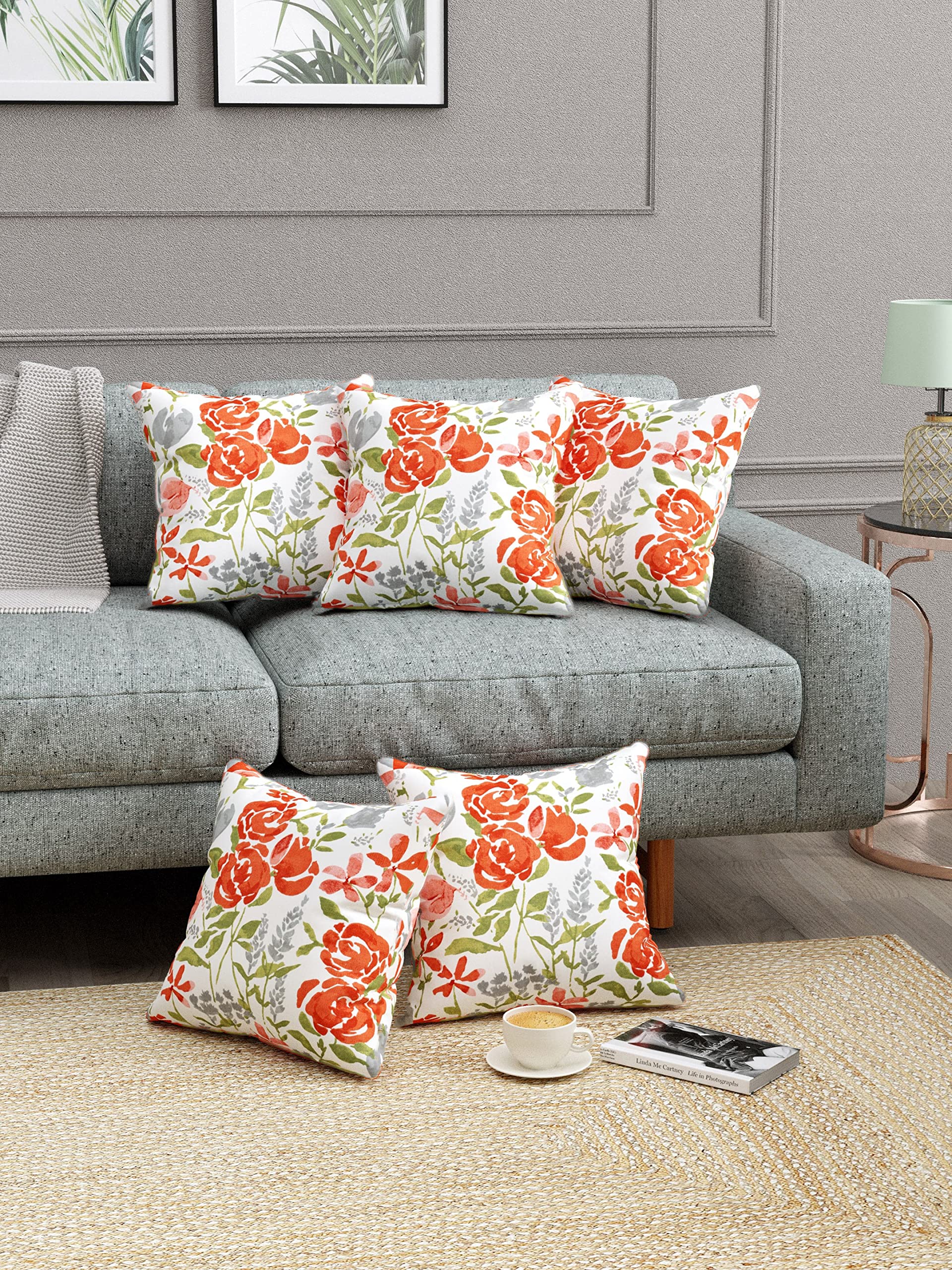 Trance Home Linen 100% Thick Cotton Printed 24x24 inch Cushion Covers for Sofa and Diwan | Throw Pillow/Small Cushion Pillow Covers (24x24 inch | 60cmx60cm, Huvu Red) Set of 5-180 TC