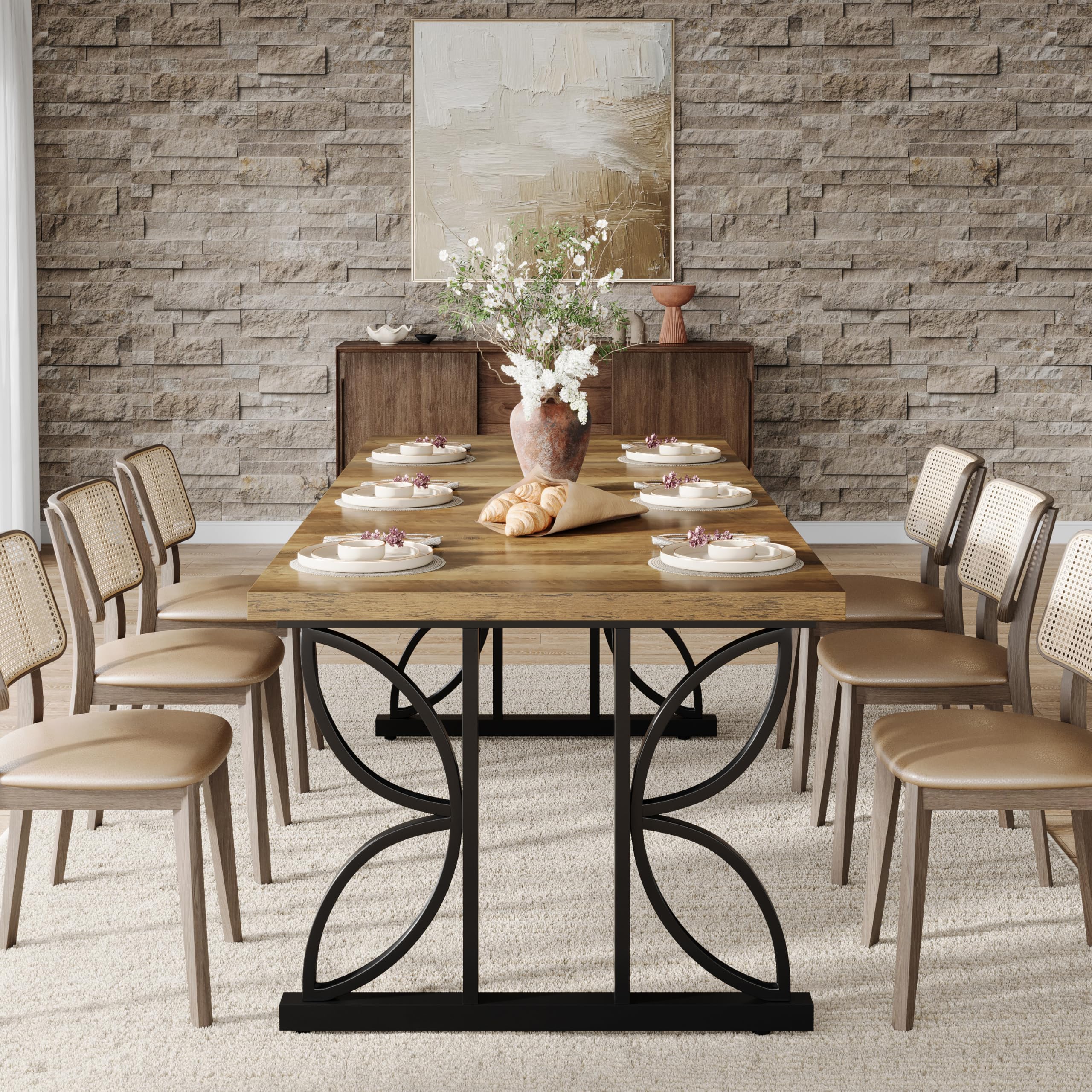 Tribesigns Mesa de comedor rectangular, mesa de cocina industrial para 6-8 personas, mesas de comedor de 180 x 80 cm con base de metal, mesa de comedor para cocina, sala de estar, marrón