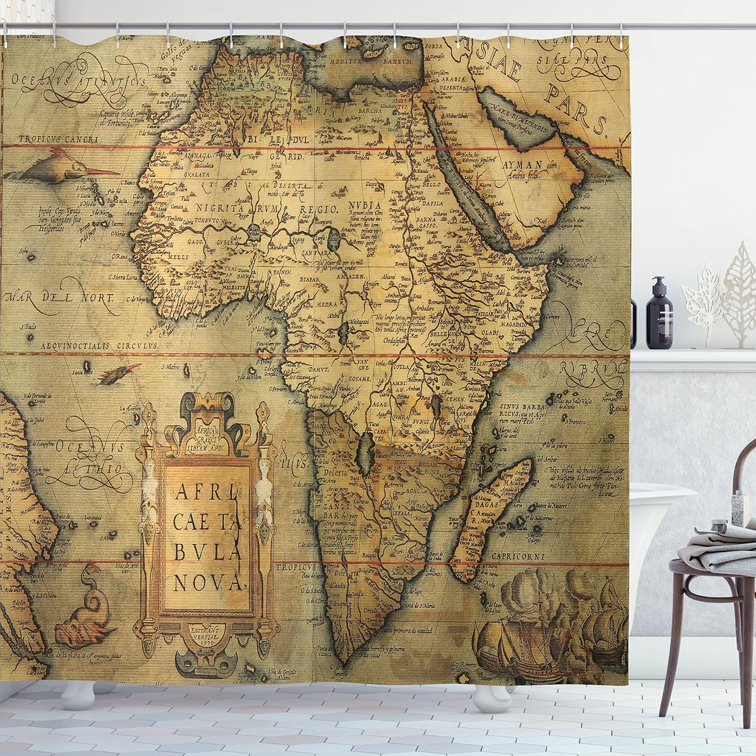 Ambesonne Map Print Shower Curtain, 16th Century Map of Africa Engraved by Cartographer Abraham Ortelius, Cloth Fabric Bathroom Decor Set with Hooks, 69" W x 75" L, Army Green Pale Brown