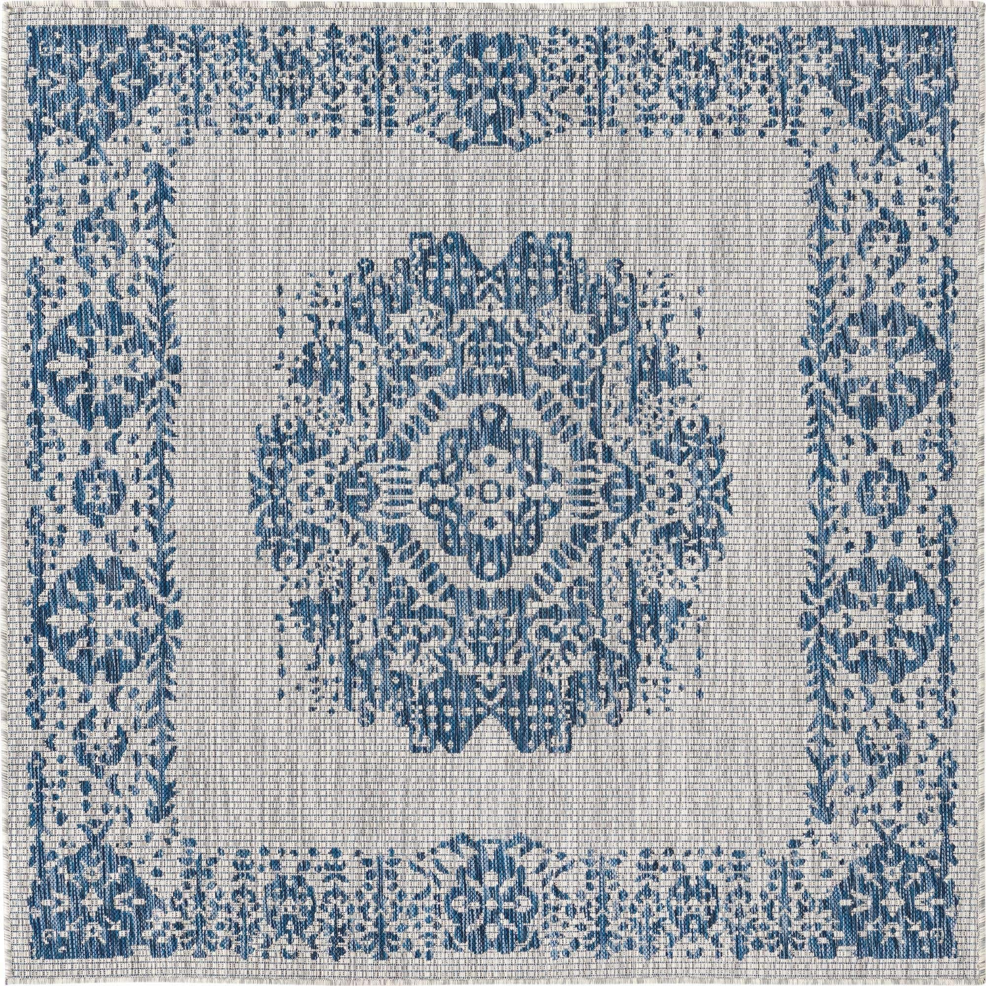 Unique Loom Outdoor Traditional Collection Area Rug - Timeworn (5' 3" Square, Blue/ Gray)