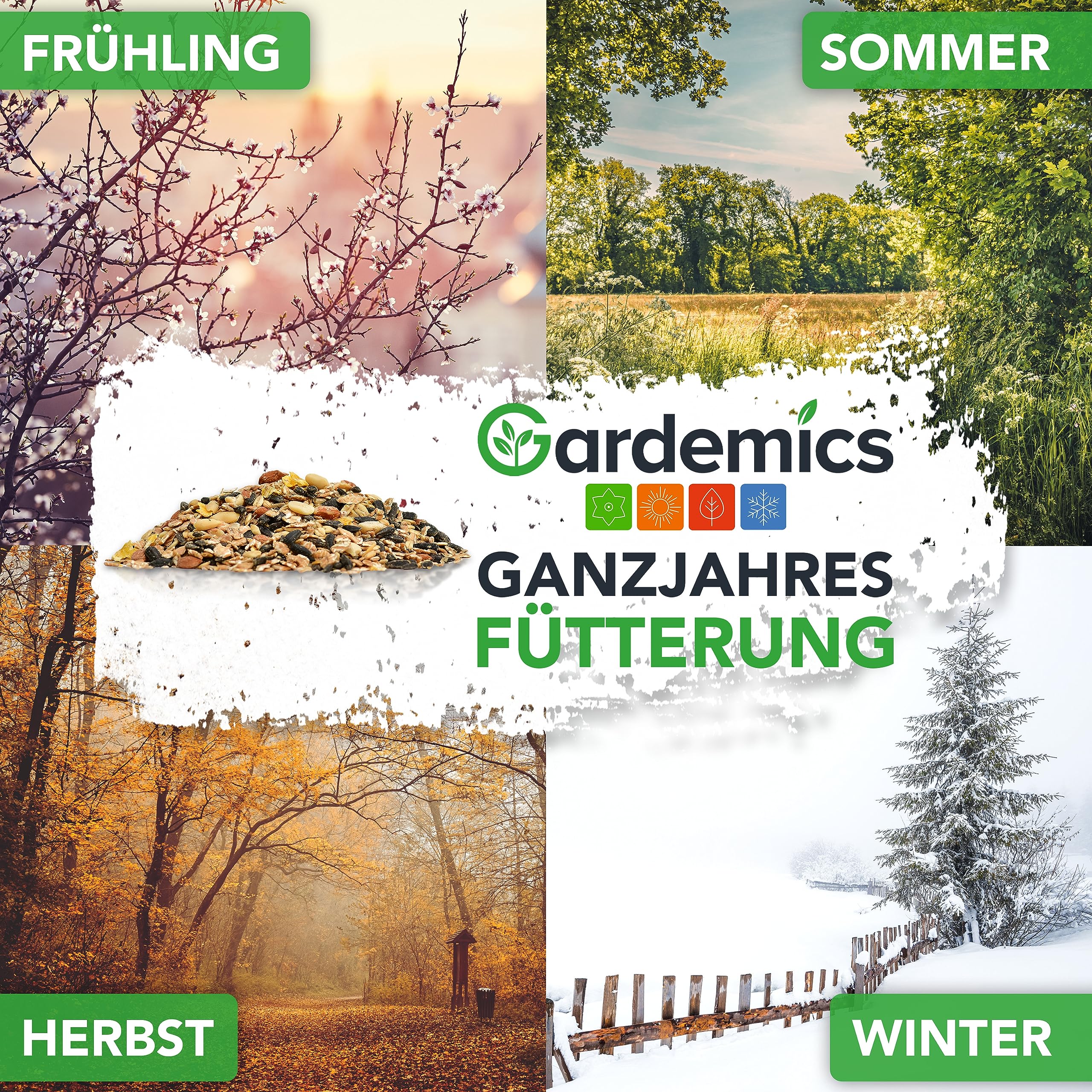 Gardemics Vogelfutter Wildvögel Ganzjährig 10 Kg - Vogelfutter mit Erdnüssen & Sonnenblumenkerne - Wildvogelfutter Ganzjahresfutter für Artenvielfalt im Garten