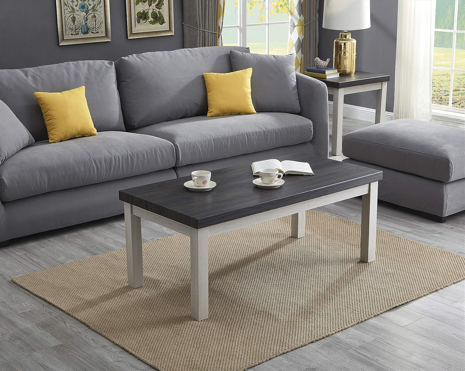 Roundhill Furniture Ronan Two-Tone Wood 3-Piece Living Room Table Set, Gray : Home & Kitchen