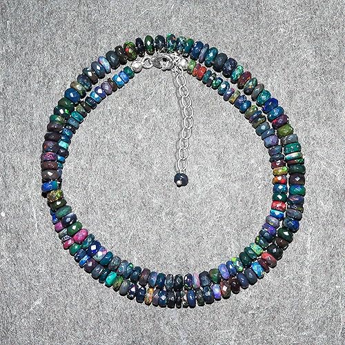 Miniatura 3 de InfinityGemsArt Natural Black Ethiopian Opal Gemstone Full Beaded Dainty Necklace, October Birthstone, Healing Crystals Gift Jewelry in Rhodium