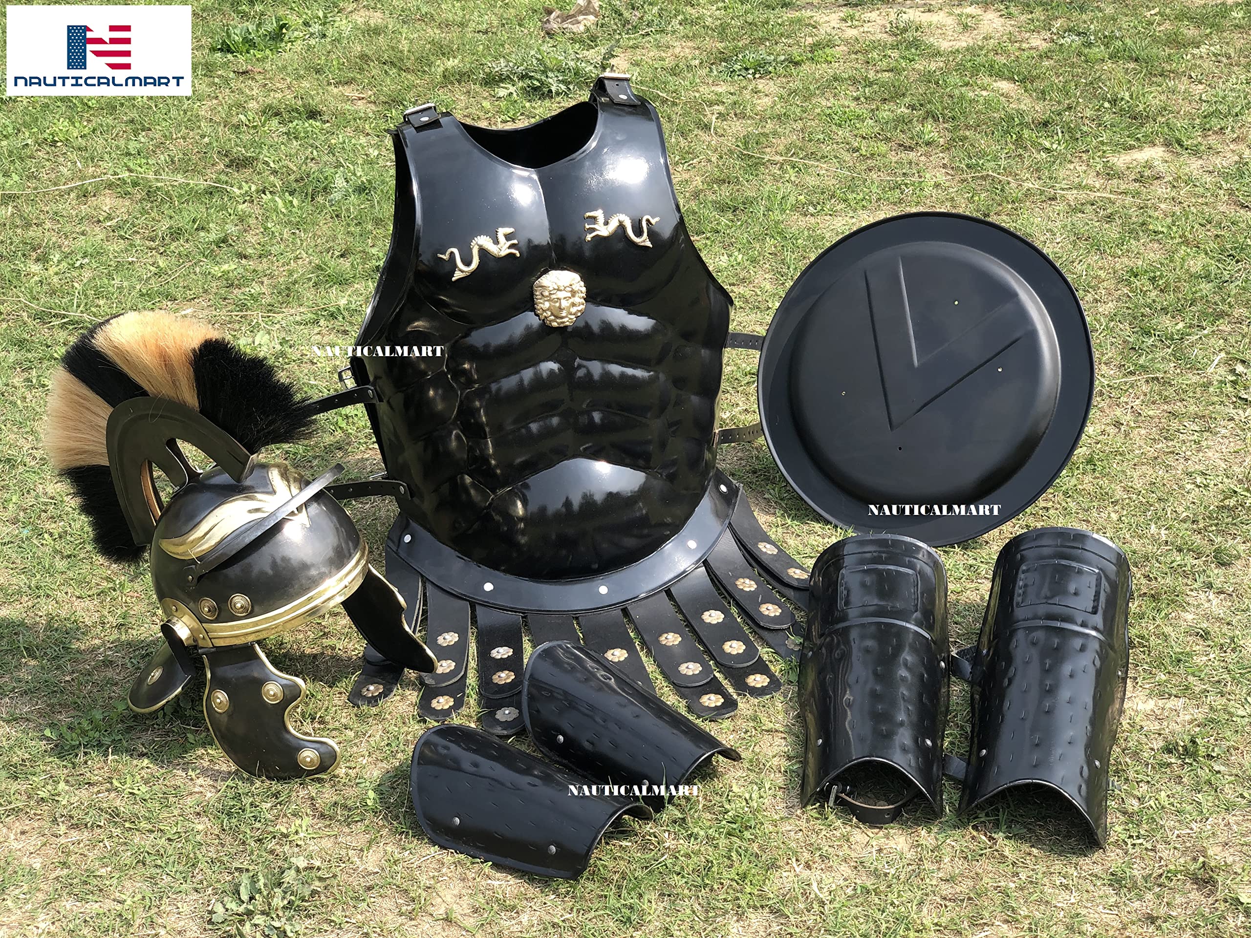 Nautical-Mart Medieval Muscle Body Armor Set Roman Centurion Helmet, Leg & Arm Guard, Shield Halloween Costume (Black And Brown Plume)