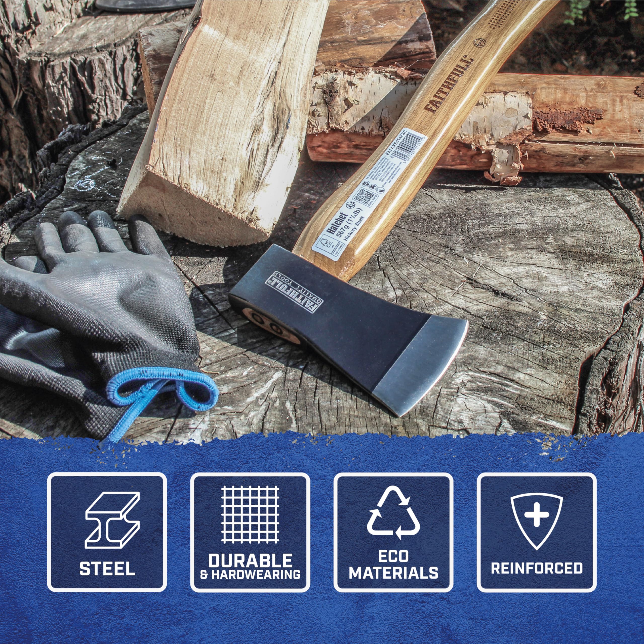 Accetta Faithfull manico hickory FSC testa acciaio carbonio temprato 567 g piccola ascia potatura rami taglio radici
