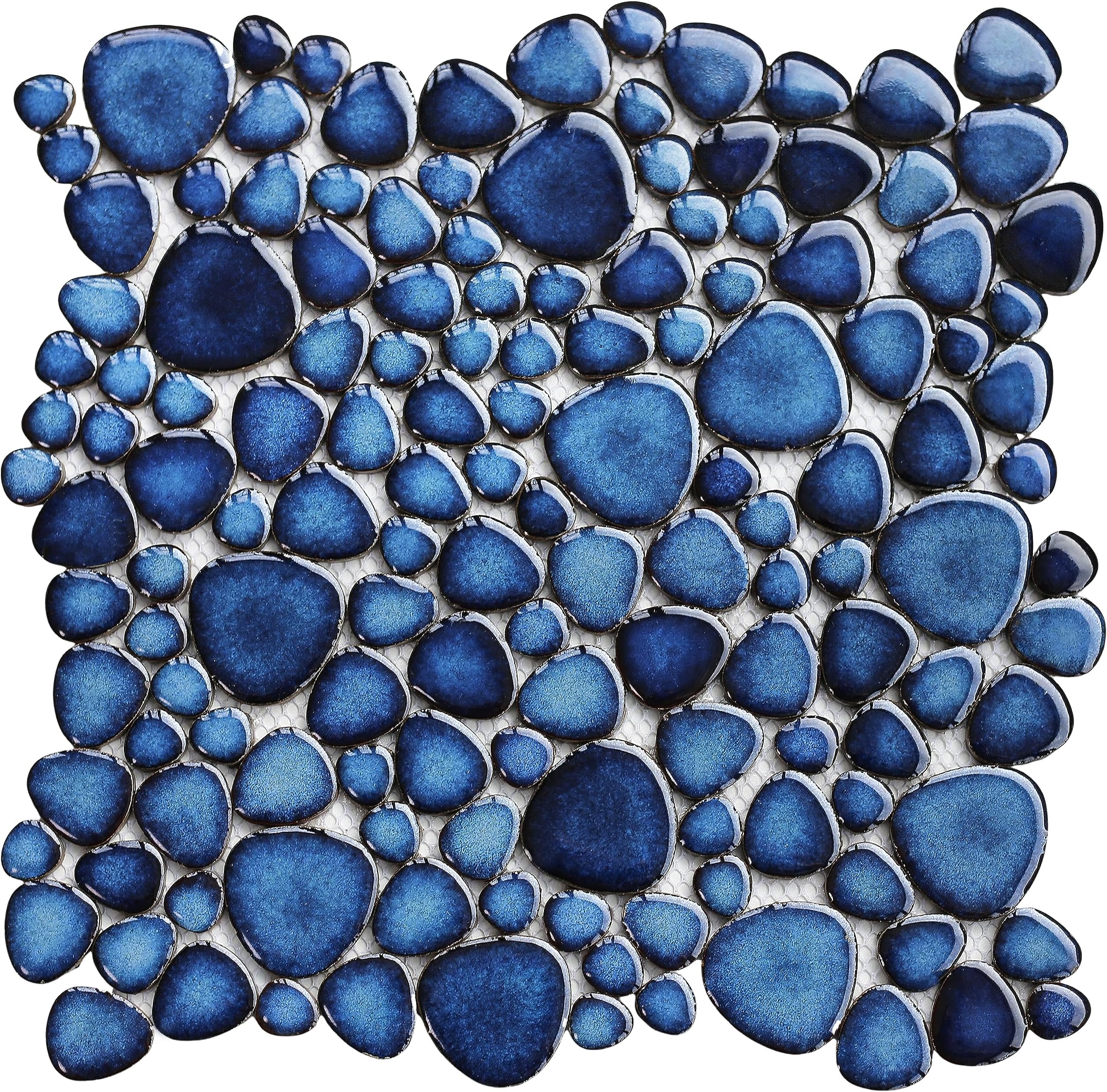 Pebble Stone Porcelain Mosaic Tiles 5 Sheets, Cobalt Blue 12"×12" Pebble Rocks Mosaic Sheets Mesh Mounted Tile, Waterproof Shower Flooring Kitchen Bathroom Backsplash Pool Surrounds Tile
