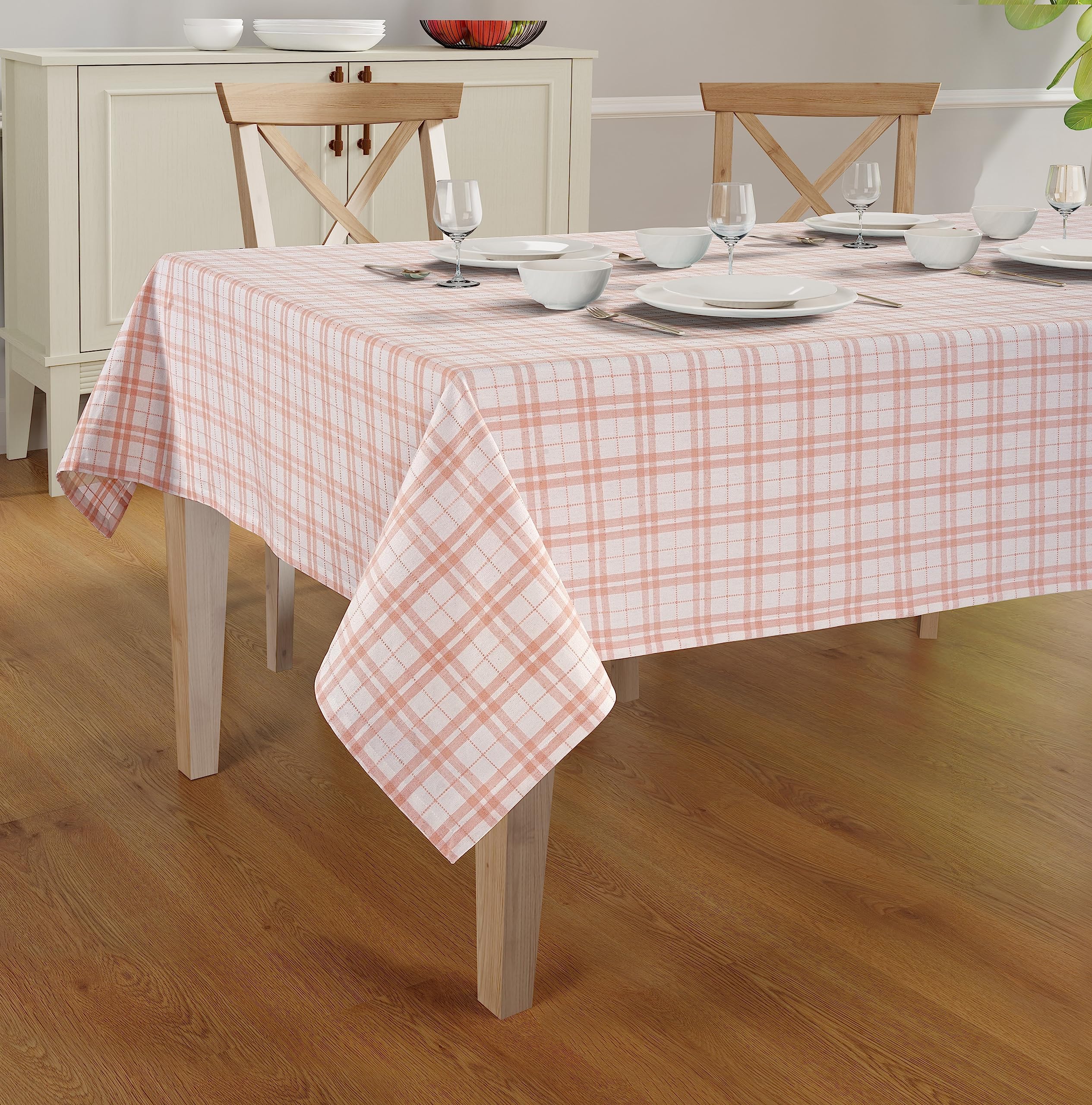Casa De Lan Dobby Check Tablecloth. Mitered Stitching 100% Ring Spun Cotton Tablecloth in Size (60x120 inches). Rectangle/Oblong Color - Rose