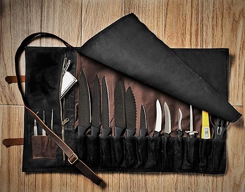 Miniatura 8 de Asaya Rollo de lona encerada para cuchillos  15 ranuras para cuchillos, tarjetero y bolsillo grande con cremallera  Hebillas de cuero auténtico,