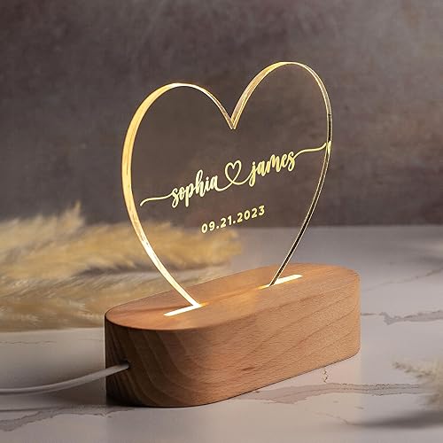 Miniatura 4 de Regalos personalizados para parejas luz nocturna romántica en forma de corazón, 2 diseños personalizados con nombre, texto y fecha - D2