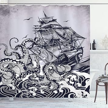 Ambesonne Nautical Shower Curtain, Coastal Nature Theme Kraken Octopus Tentacles with Ship Sail Old Boat Art Drawing in Ocean Waves, Cloth Fabric Decor for Bathroom Set with Hooks, 69" W x 70" L, Blue