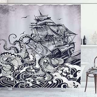 Ambesonne Nautical Shower Curtain, Coastal Nature Theme Kraken Octopus Tentacles with Ship Sail Old Boat Art Drawing in Ocean Waves, Cloth Fabric Decor for Bathroom Set with Hooks, 69" W x 70" L, Blue