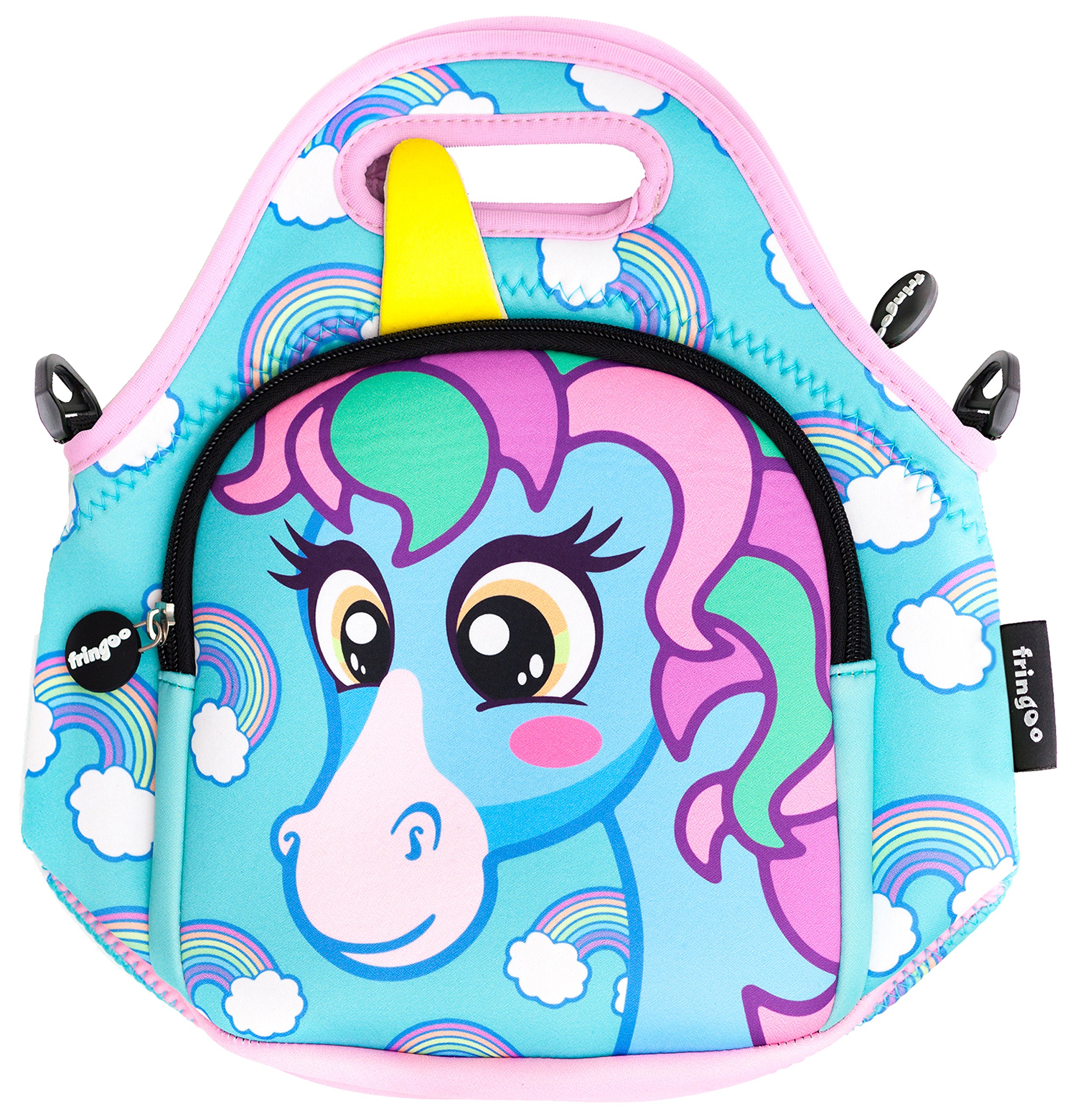 Fringoo Unicorn Blue Kids Lunch Bag - Made From Neoprene Thermal Insulated Material - School Lunch Bag - Zipped Pocket Shoulder Strap (Unicorn Blue)