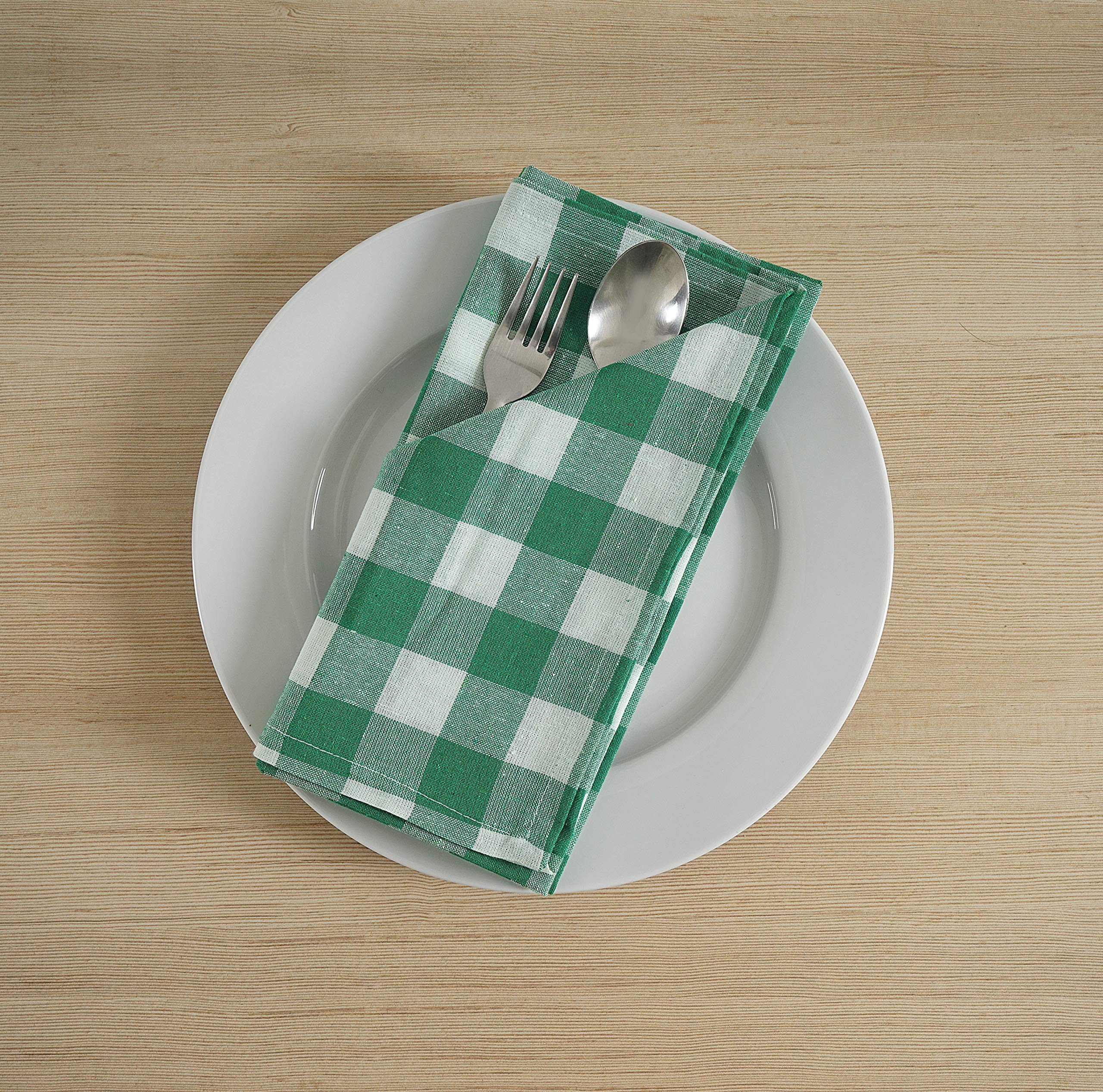 FINGERCRAFT Cloth Napkins, Everyday Use, Premium Quality, Cotton Buffalo Plaid, Set of 12, 20X20 Inch Oversized Napkins Cloth Mitered Corners, Soft, Durable Hotel Quality Green White Checkered