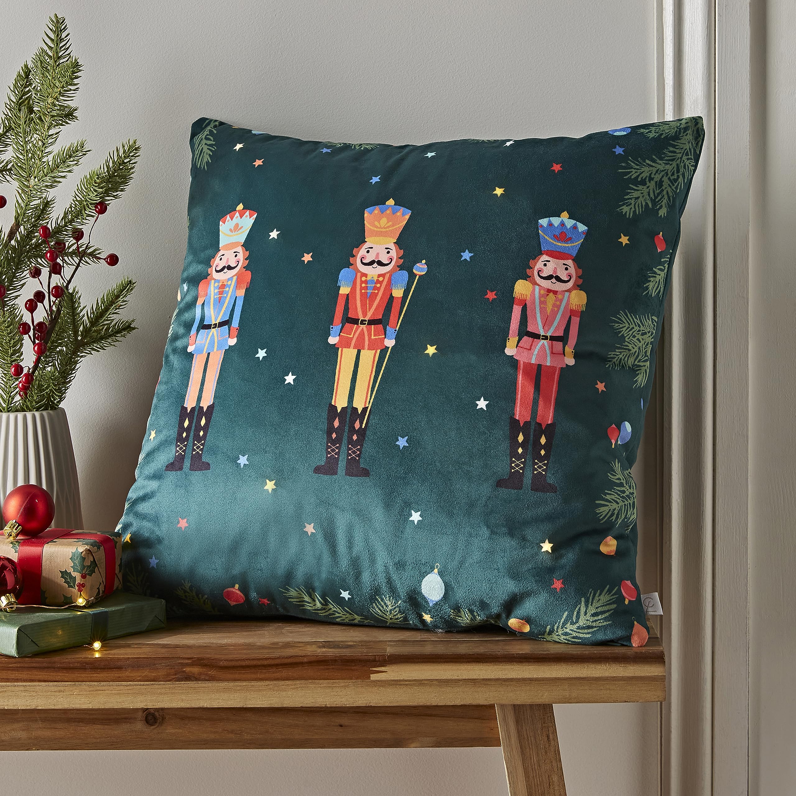 Catherine Lansfield Green Christmas Nutcracker Soft Touch Light Up 45X45cm Cushion