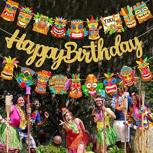 Miniatura 7 de Hawai Luau - Pancarta hawaiana de Tiki para fiesta de cumpleaños, 3 unidades, decoración de fiesta de Aloha para colgar, guirnaldas de Tiki para