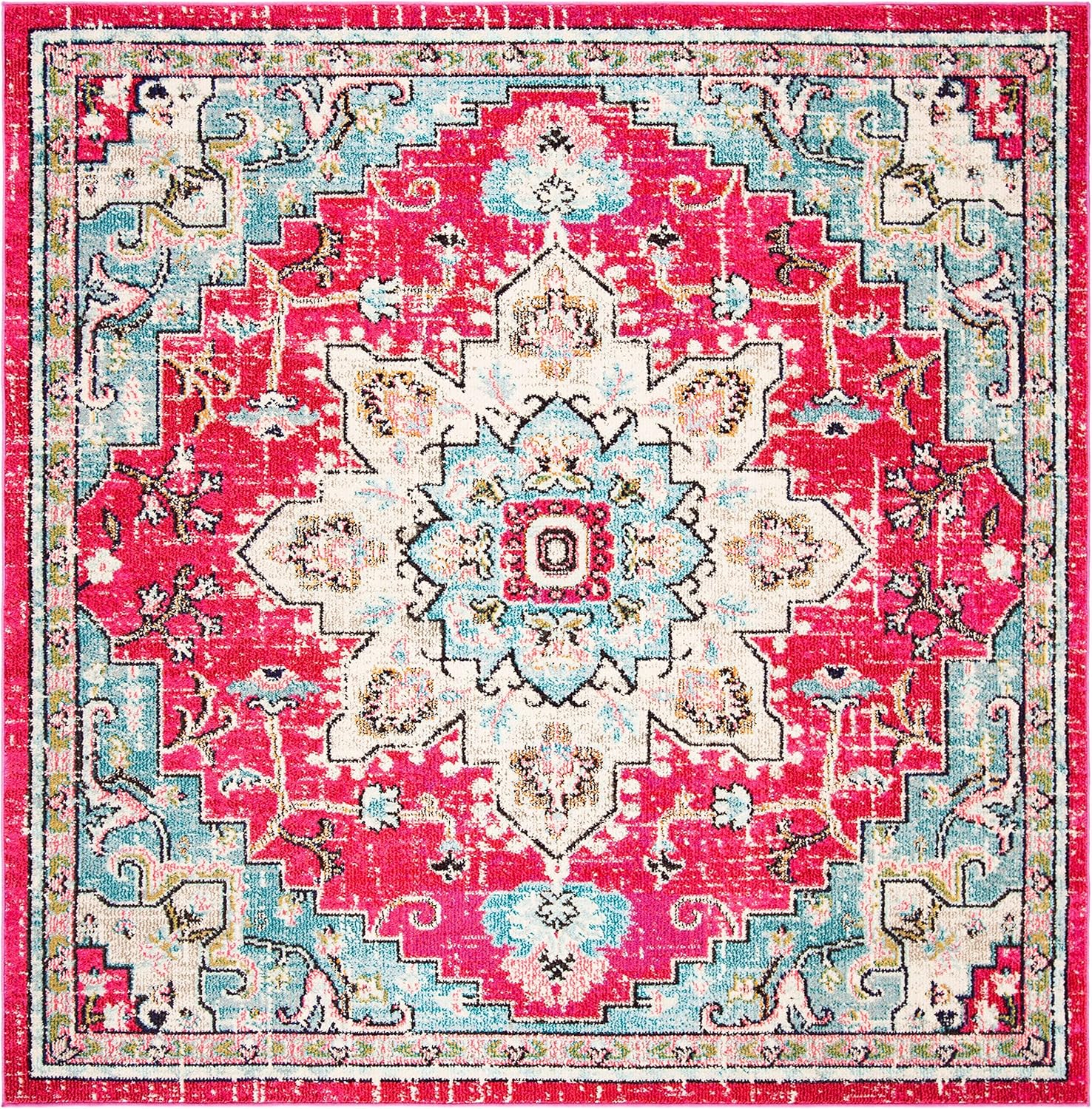 SAFAVIEH Madison Collection Area Rug - 4' Square, Fuchsia/Blue, Geometric Design, Ideal for High Traffic Areas in Living Room, Bedroom, Dining (MAD473A)