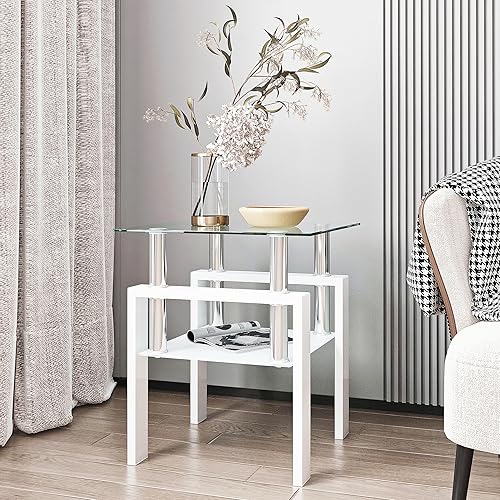 Miniatura 7 de Mesa auxiliar de cristal, mesa auxiliar cuadrada con marco de metal, pequeña mesa de café para sala de estar y dormitorio (blanco)