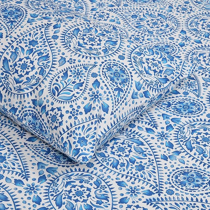 Linenwalas 100% Cotton Twill Weave Set of 2 Pillowcovers, Printed Pillowcase in King Size, Soft and Durable Pillow Covers with Envelope Closure (20x36- Paisley Drop Blue)