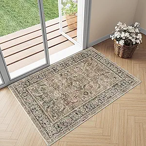 2x3 Washable Area Rug Brown Vintage Distressed Entryway Kitchen Non Slip Low Pile Throw Rug Living Room Bedroom Indoor Doormat Small Soft Carpet for Entrance Dining Room Bathroom