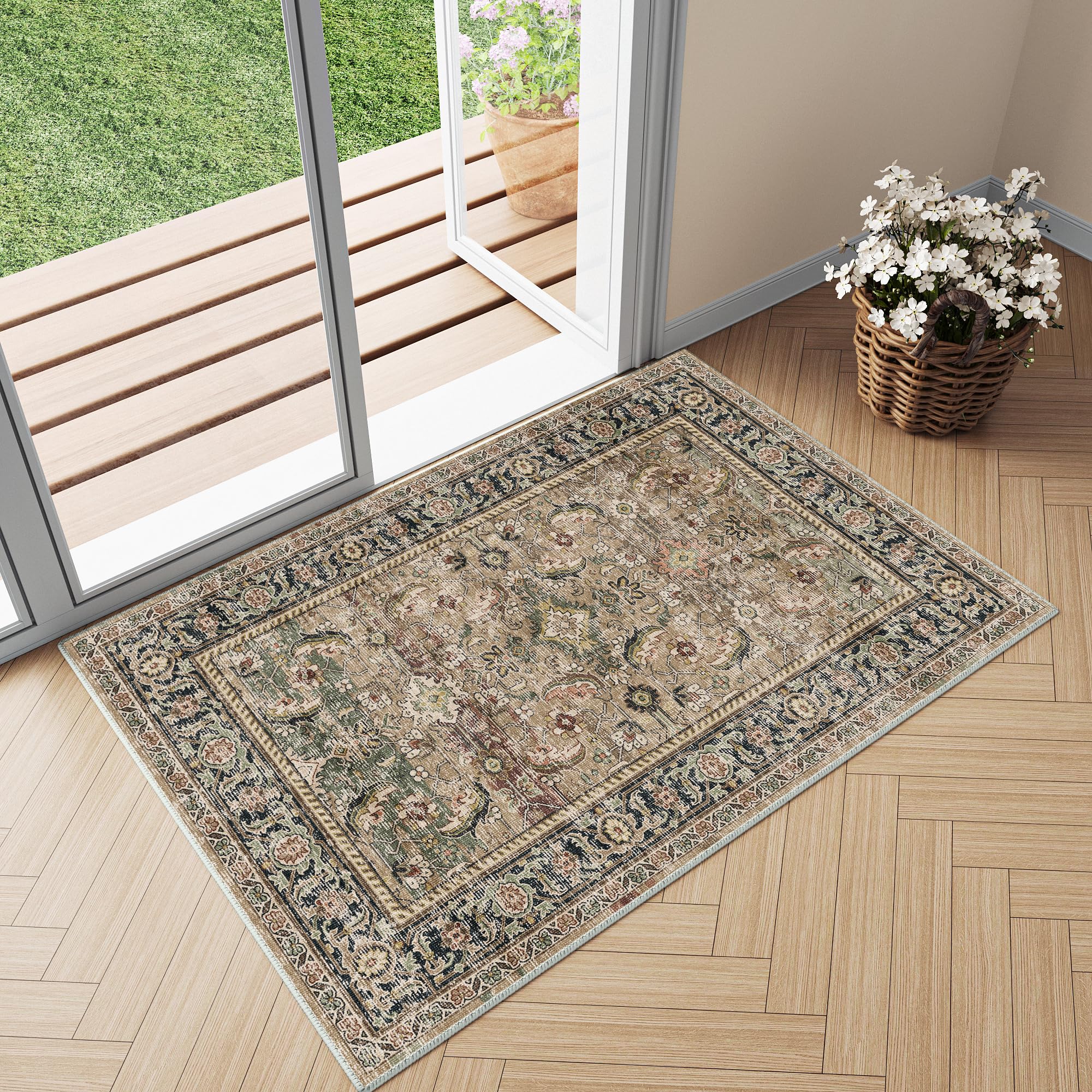 2x3 Washable Area Rug Brown Vintage Distressed Entryway Kitchen Non Slip Low Pile Throw Rug Living Room Bedroom Indoor Doormat Small Soft Carpet for Entrance Dining Room Bathroom