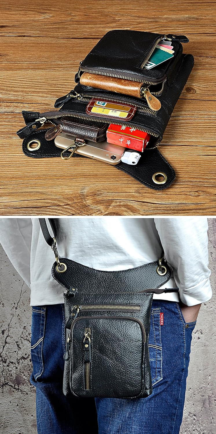 メンズ 本革 アウトドア スポーツ ハイキング ウエスト ヒップパック メッセンジャー ショルダー ドロップ レッグ 太ももバッグ