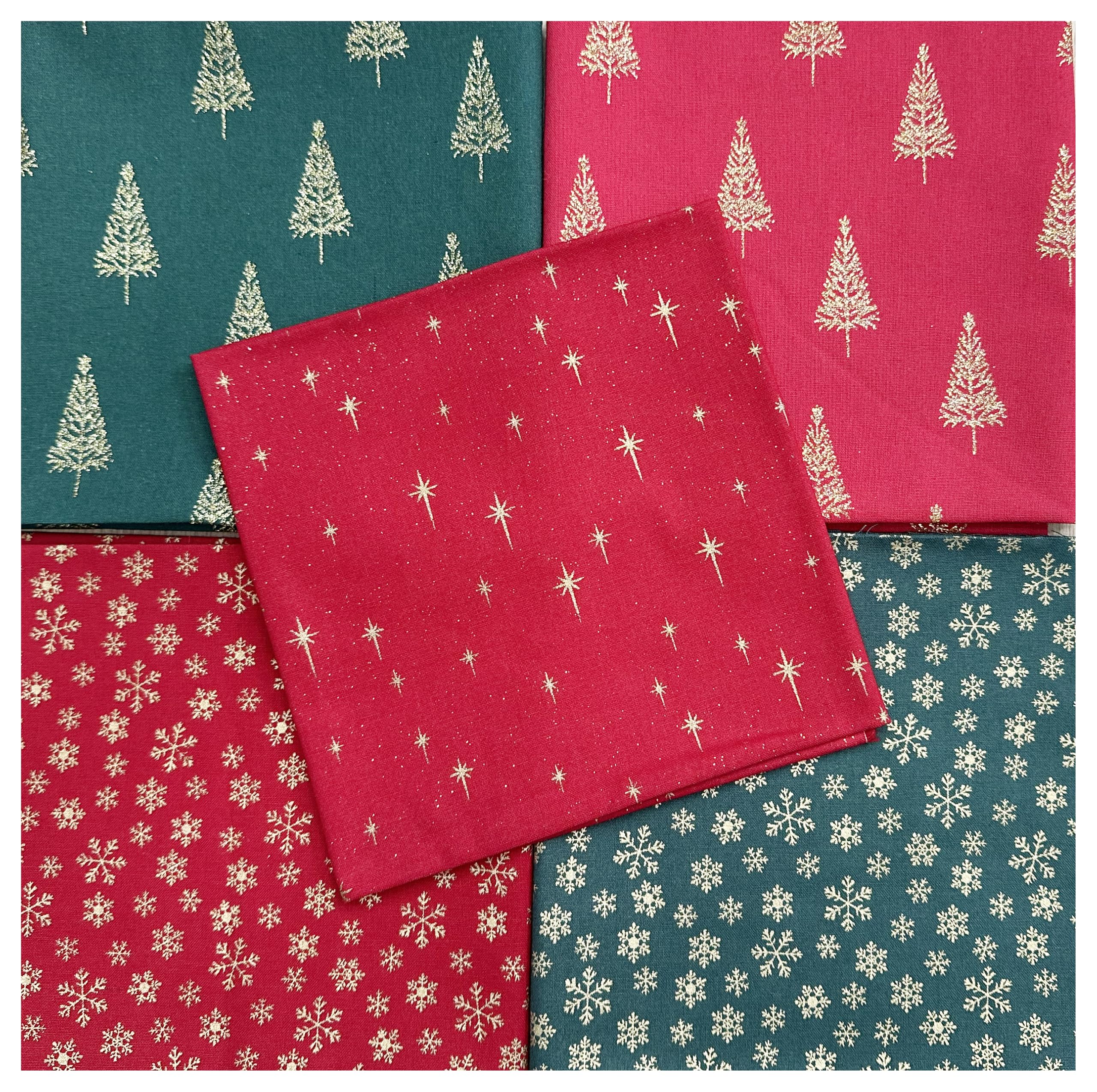 Glamour Secrets Red Christmas Fabric - Green & Gold Sparkle Trees Stars Snowflakes - Fat Quarter Bundle Fabric Mix