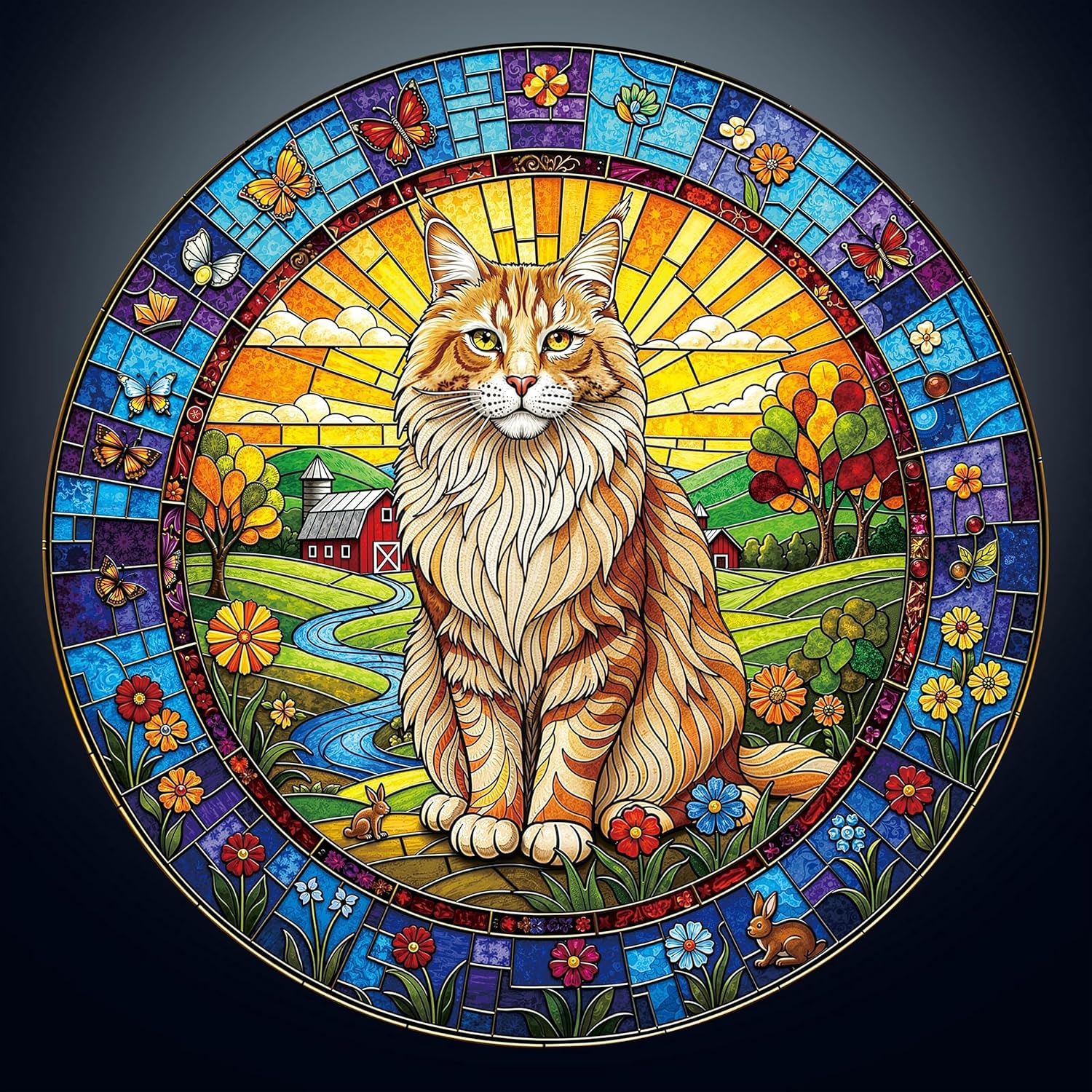 1000 Piece Puzzle for Adults, Stained Glass Maine Cat Round Jigsaw Puzzle, 3D Visual 26.6 x 26.6in 1000 Pieces Puzzles for Adults, Gift for Friends Family, Wall Art Home Decor