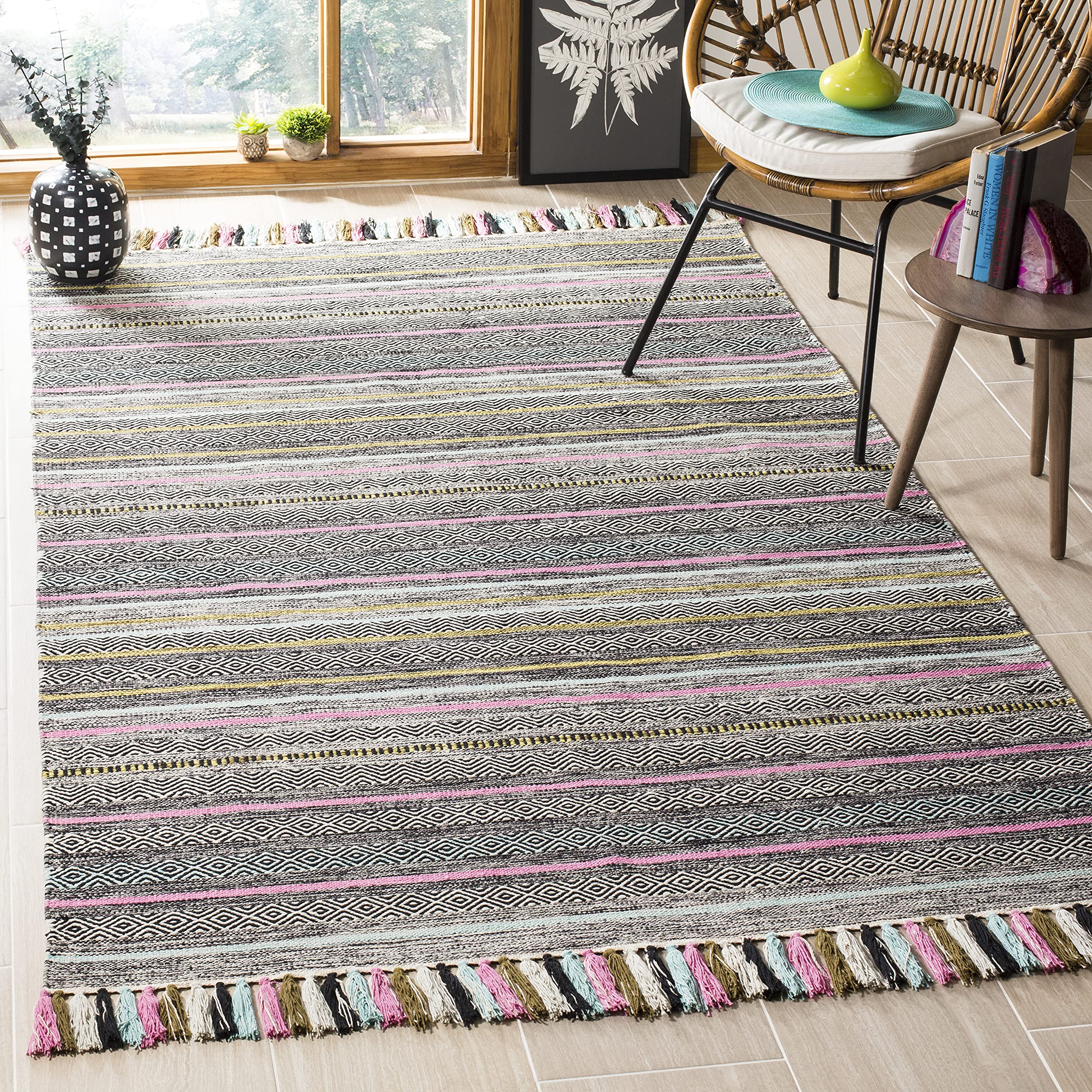 SAFAVIEH Montauk Collection Area Rug - 5' x 8', Black & Multi, Handmade Boho Stripe Fringe Cotton, Ideal for High Traffic Areas in Living Room, Bedroom (MTK901B)