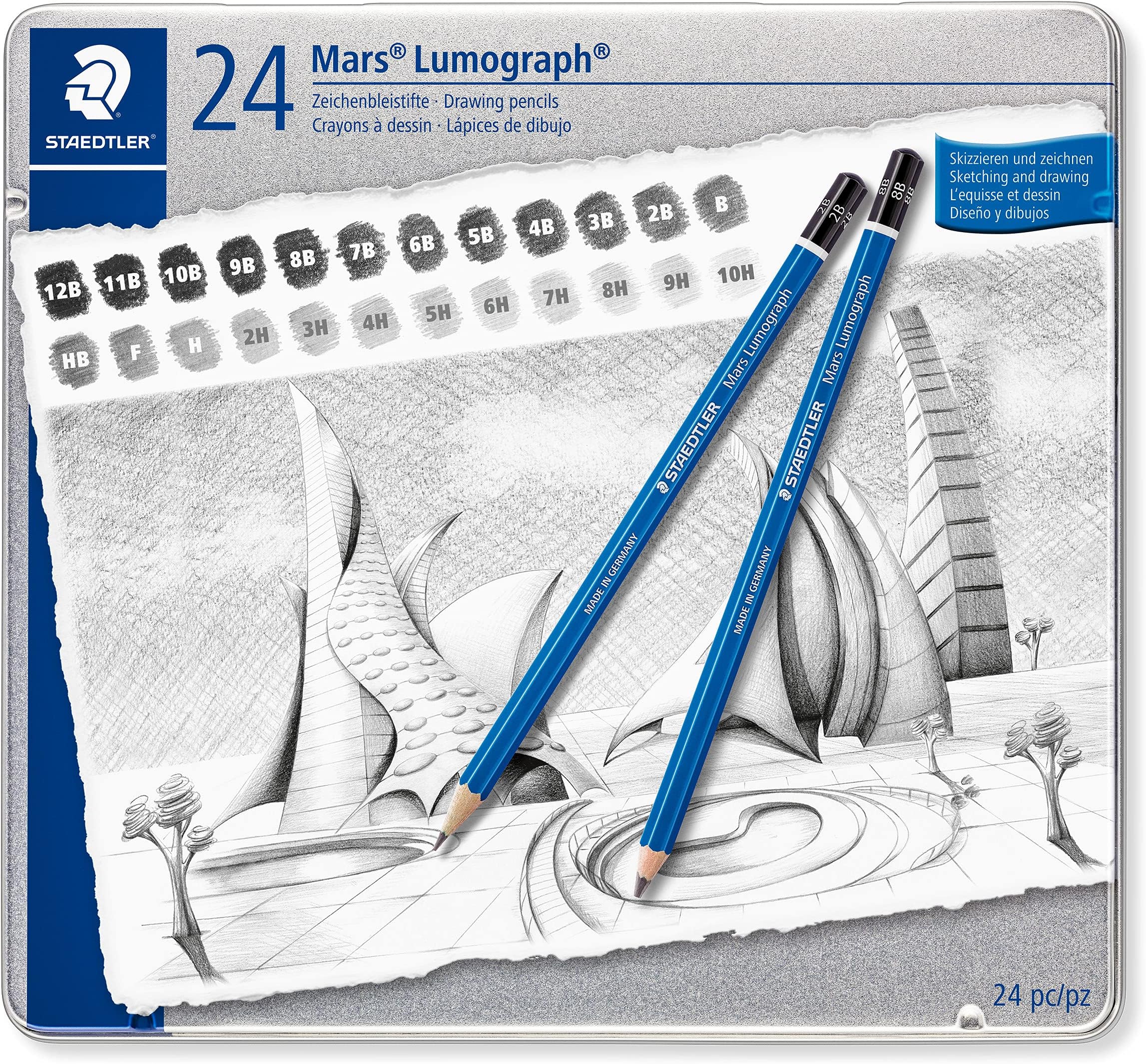 Mars Lumograph Set of 24 Drawing Graphite Pencils in Metal Case, Grades 12B-10H, Grey