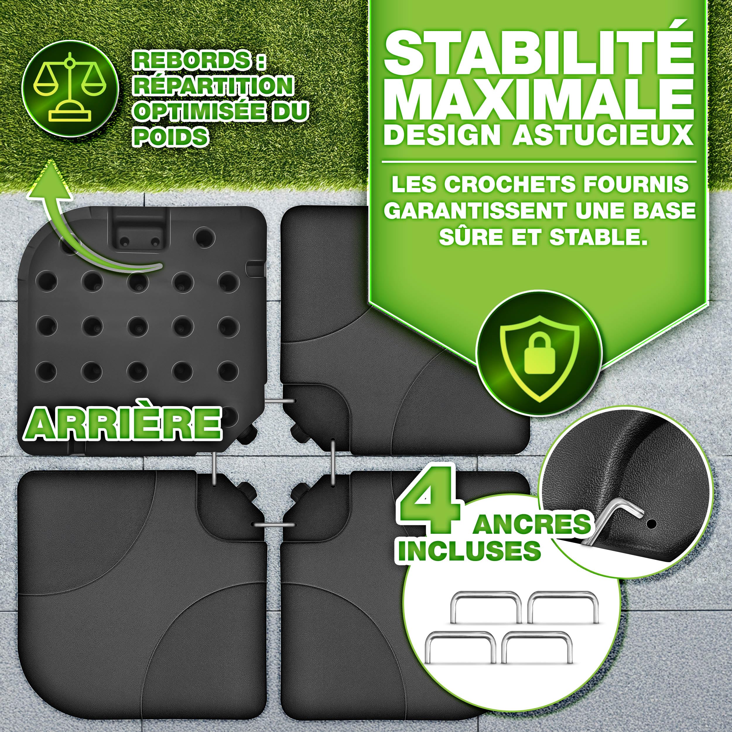 tillvex® Lestage & Dalles Carrées pour Parasol Déporté – Pied de Parasol 60 litres / 80 kg, 4 Pièces avec Connecteur Métallique | Base Remplissable avec Eau ou Sable | Support de Parasol (Noir)