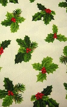 Holly Holiday on Ivory with Gold Tablecloth 70 Inch Round