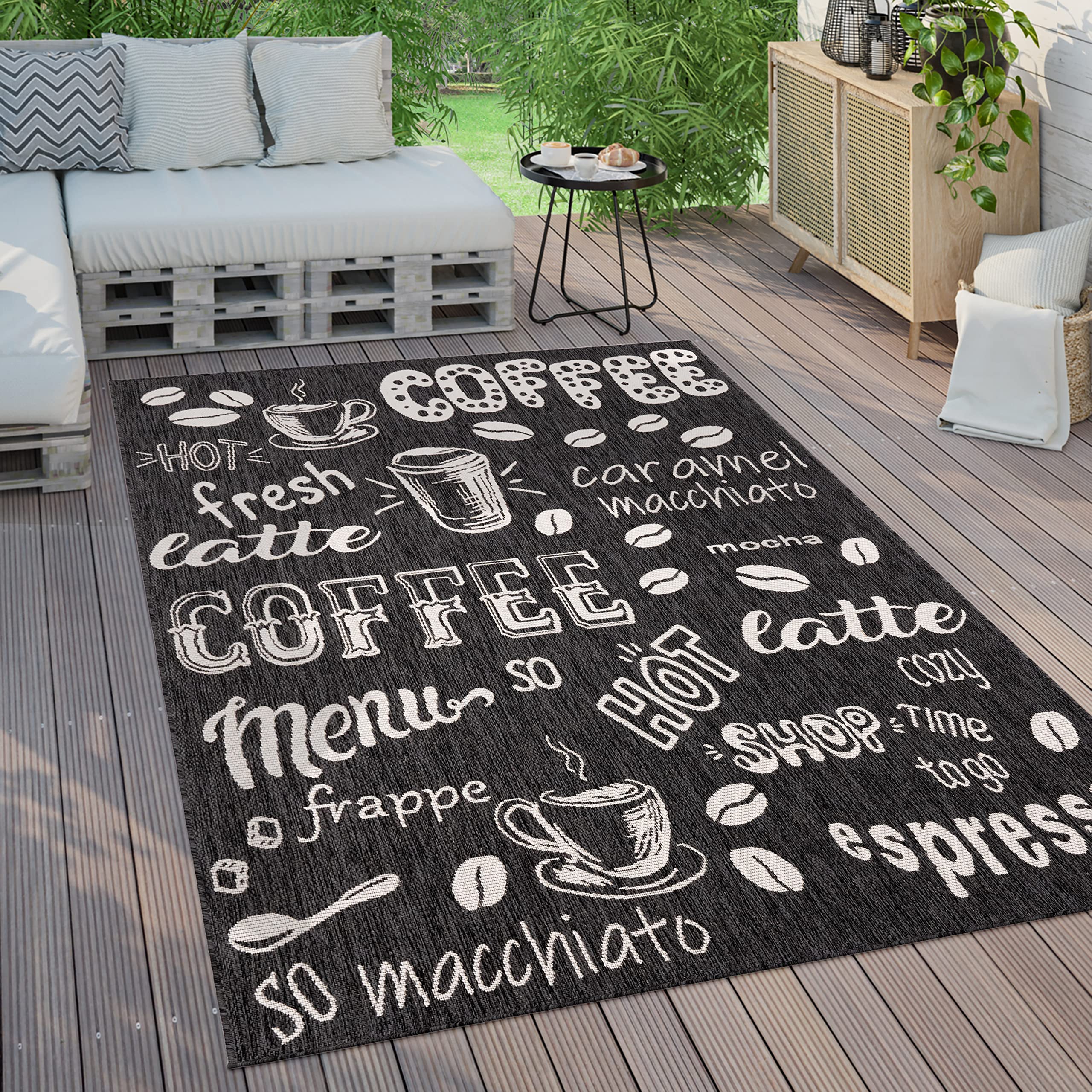 Paco Home Outdoor Teppich Wetterfest Wohnzimmer Balkon Küchenteppich Modernes Muster Mit Schriftzug, Grösse:60x100 cm, Farbe:Anthrazit 3