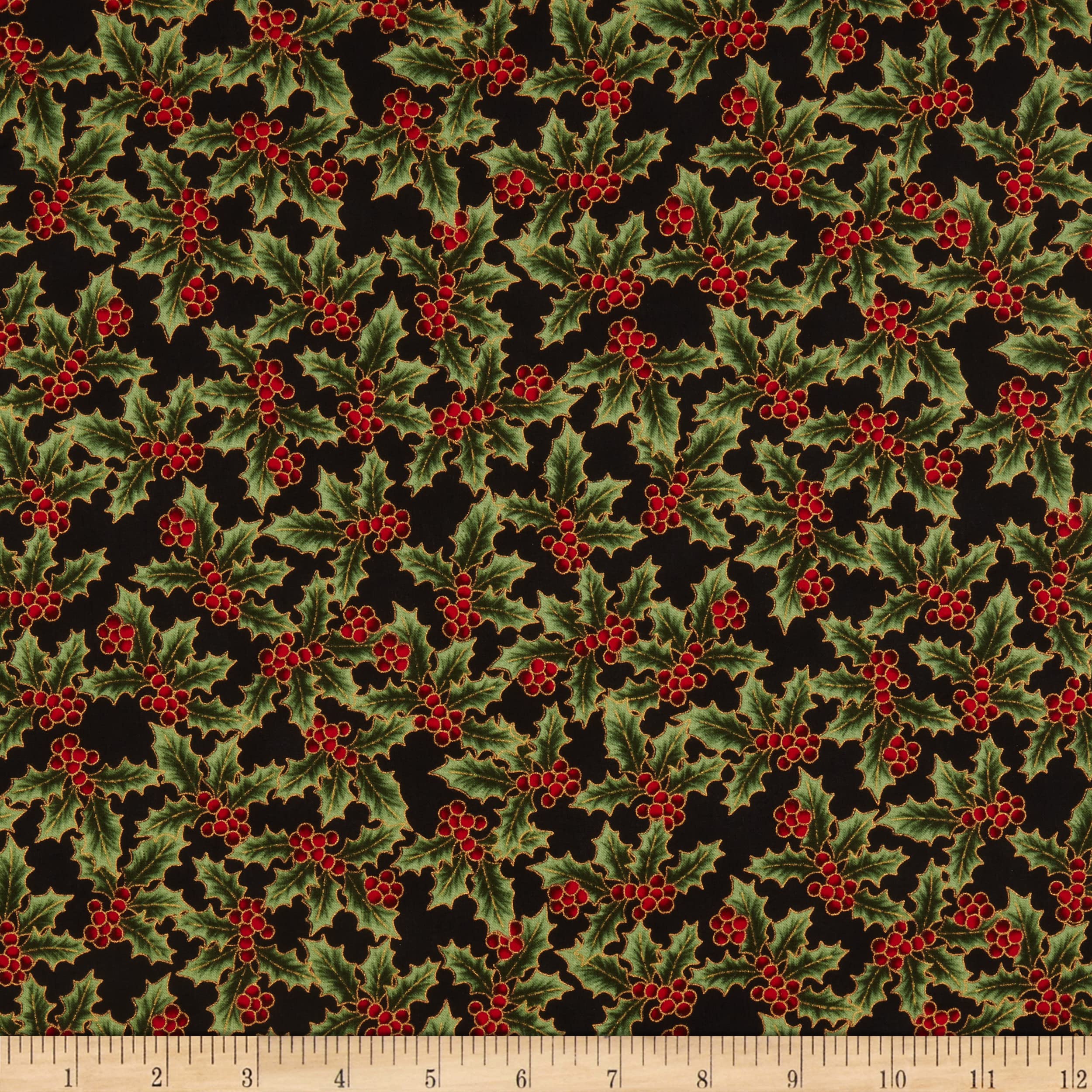 Hoffman Metallic Holiday Wishes Tossed Holly Black/Gold, Fabric by The Yard