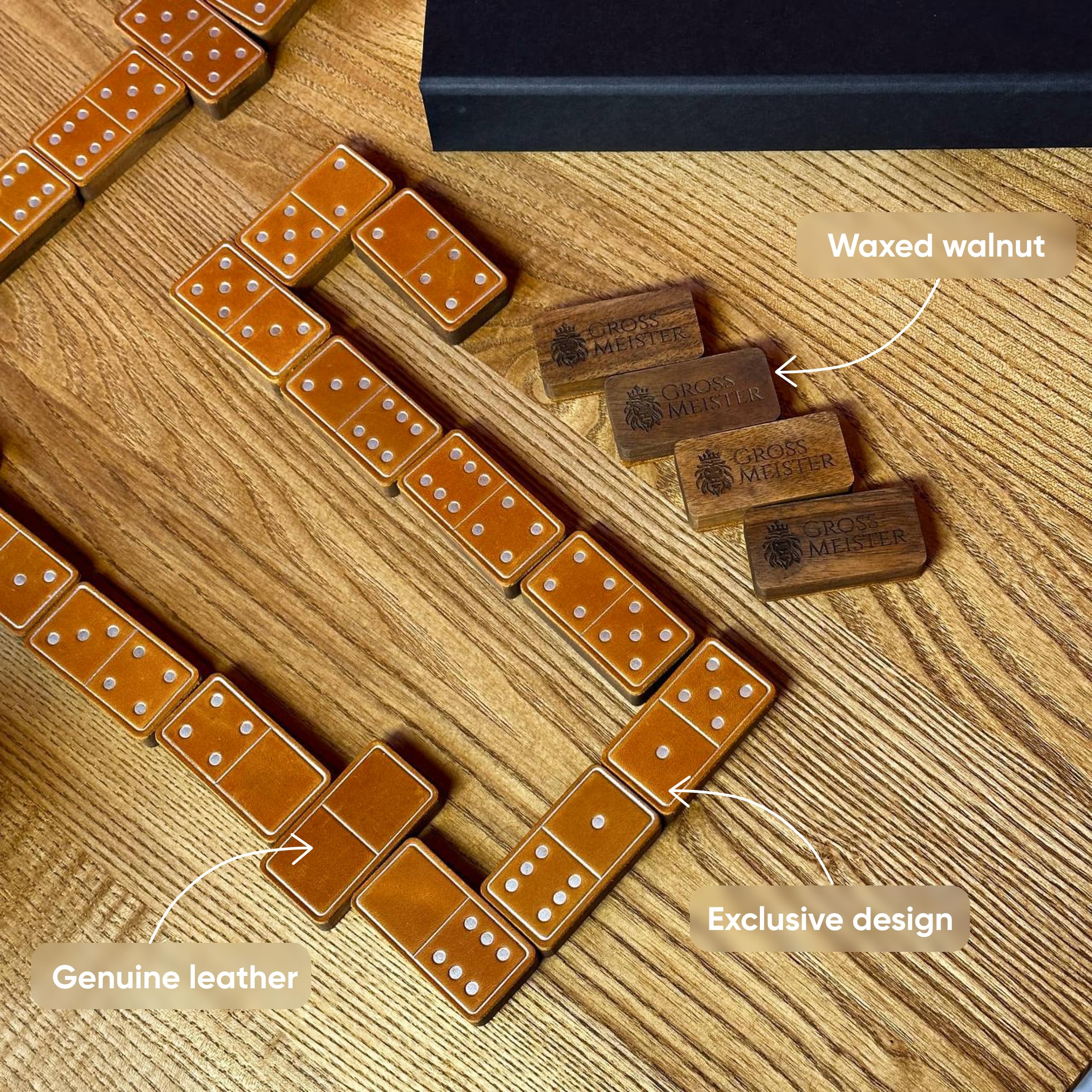 Domino Juego de Mesa Premium - 28 Piezas Únicas de Dominó Hechas a Mano de Madera y Cuero - Domino Profesional Juego de Mesa Adulto