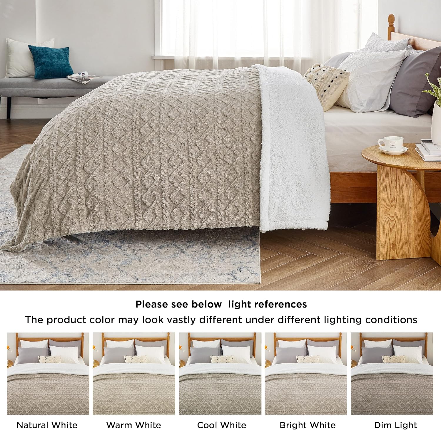 Bedsure Sherpa Fleece Throw Blanket for Couch - Soft Fluffy & Cozy Cable Jacquard Tufted Throw Blankets for Women Gift, Thick Warm Blanket for Winter and All Seasons, Beige, Large
