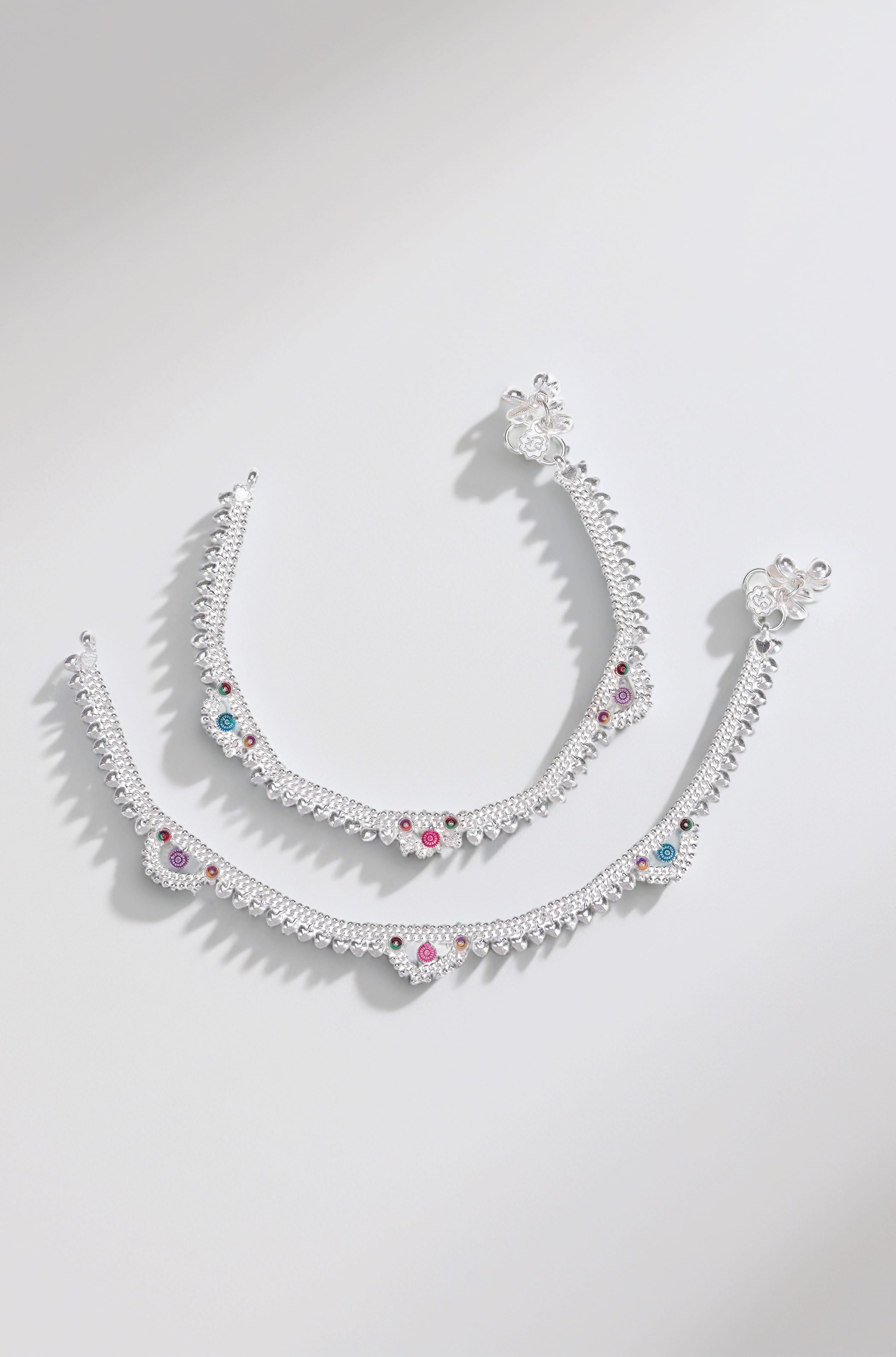 AanyaCentric Indian Traditional White Metal Anklets Payal Pair for Women Girls Fancy Collection with Silver Plating Attached Ghungroo Fashion Designer Barefoot Foot Jewellery