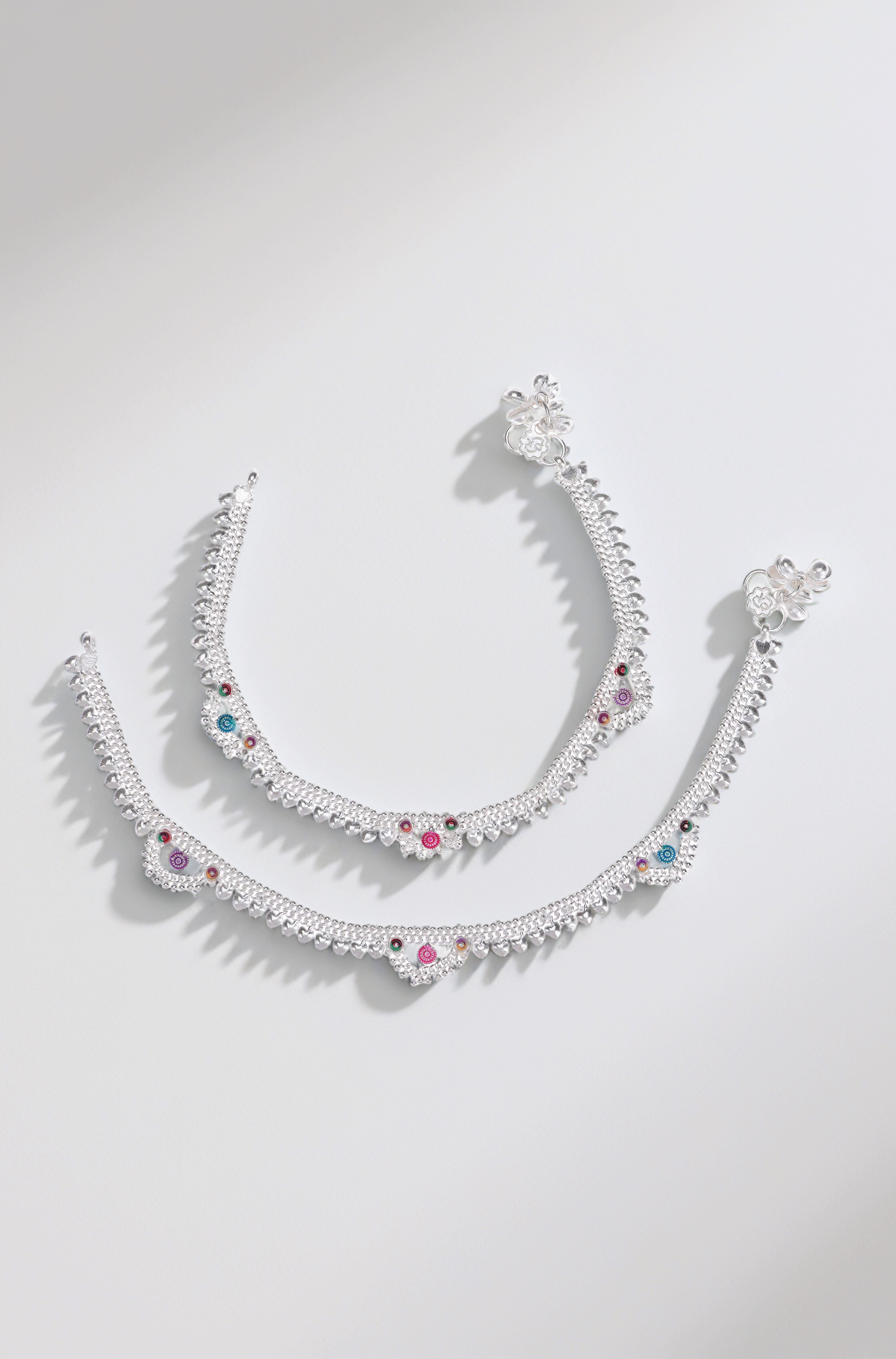 AanyaCentric Indian Traditional White Metal Anklets Payal Pair for Women Girls Fancy Collection with Silver Plating Attached Ghungroo Fashion Designer Barefoot Foot Jewellery