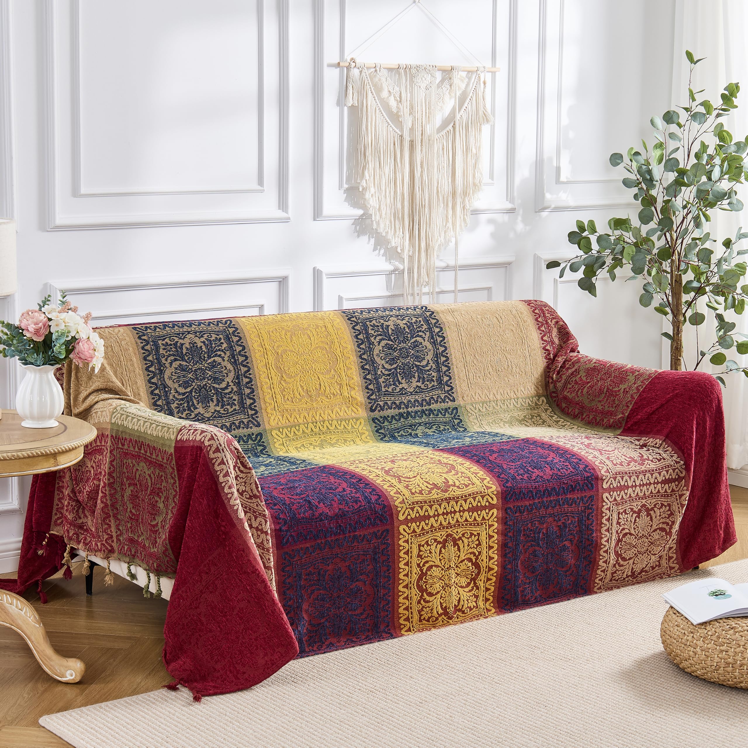 DECMAY Jeté de lit chenille jacquard bohème avec pompons, jeté pour canapé 2, 3 ou 4 places, tartan - Jeté de lit, fauteuil, meuble, jeté de lit (rouge bleu, 220 x 260 cm)