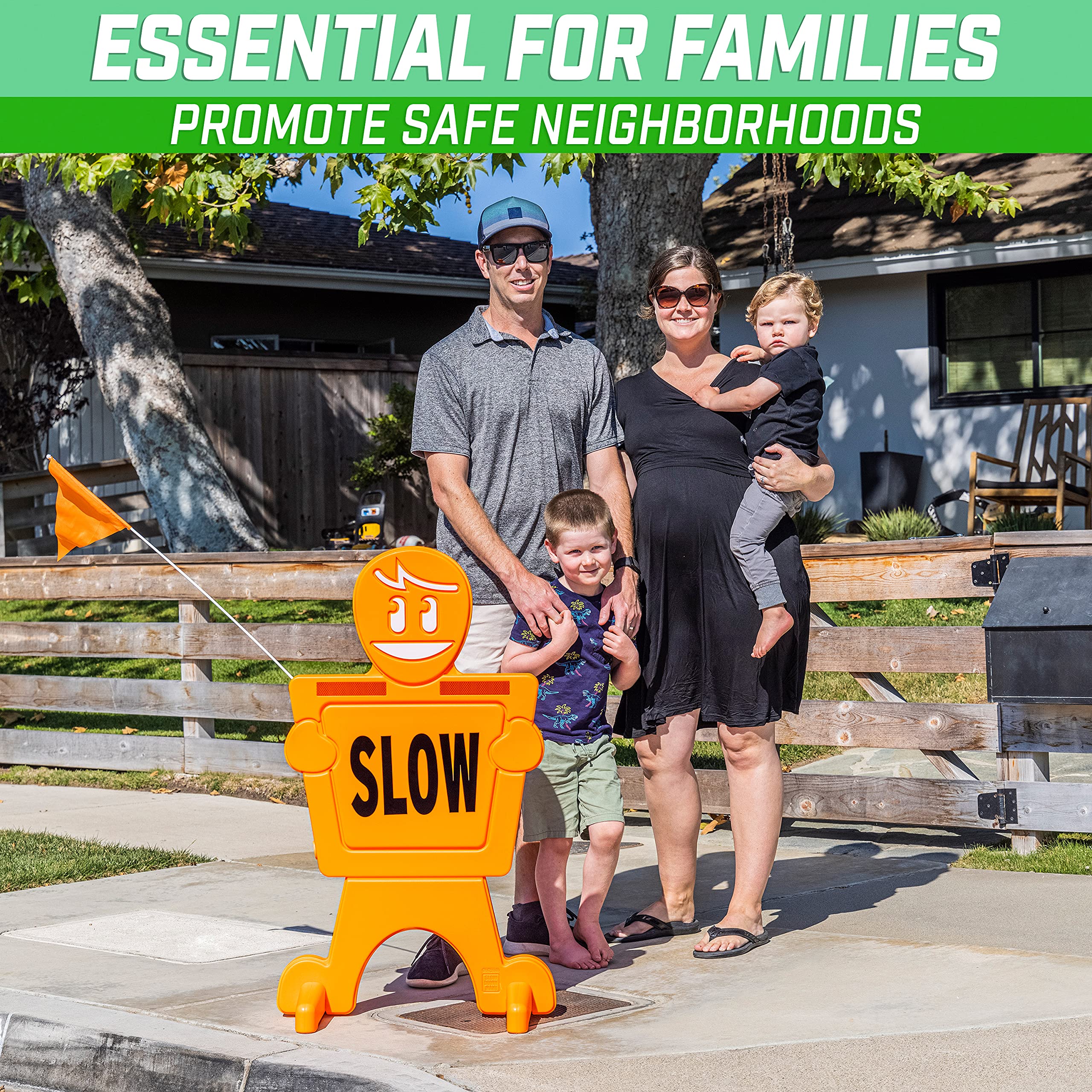 GoSports SlowDownMan! Señal de seguridad callejera – Señalización de alta visibilidad para niños en juego para vecindarios con 9 opciones de calcomanías y bandera