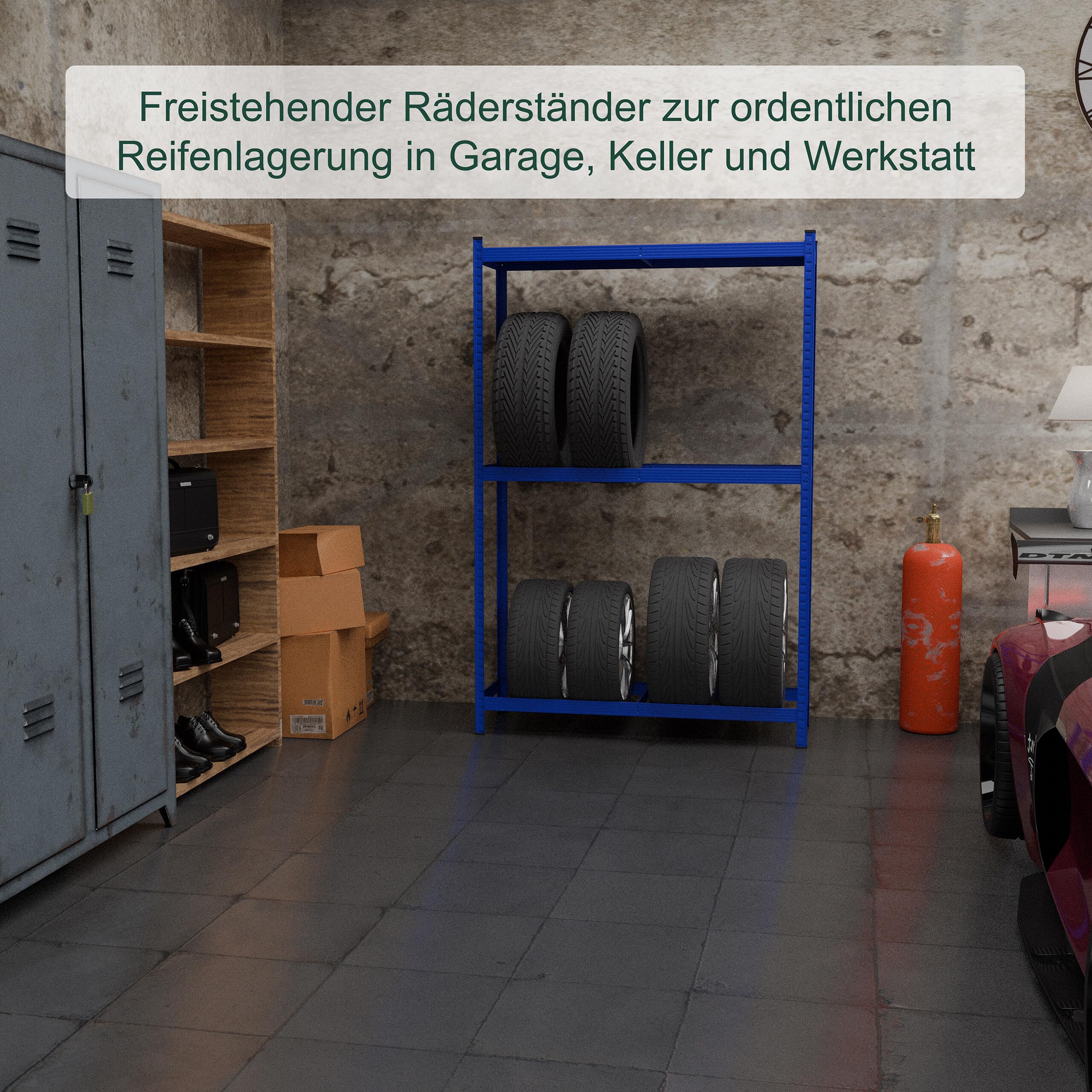 Relaxdays Reifenregal für 8 Reifen, HxBxT: 180 x 120 x 40 cm, 795 kg, Stahl, Stecksystem, Räderregal mit Ablage, blau