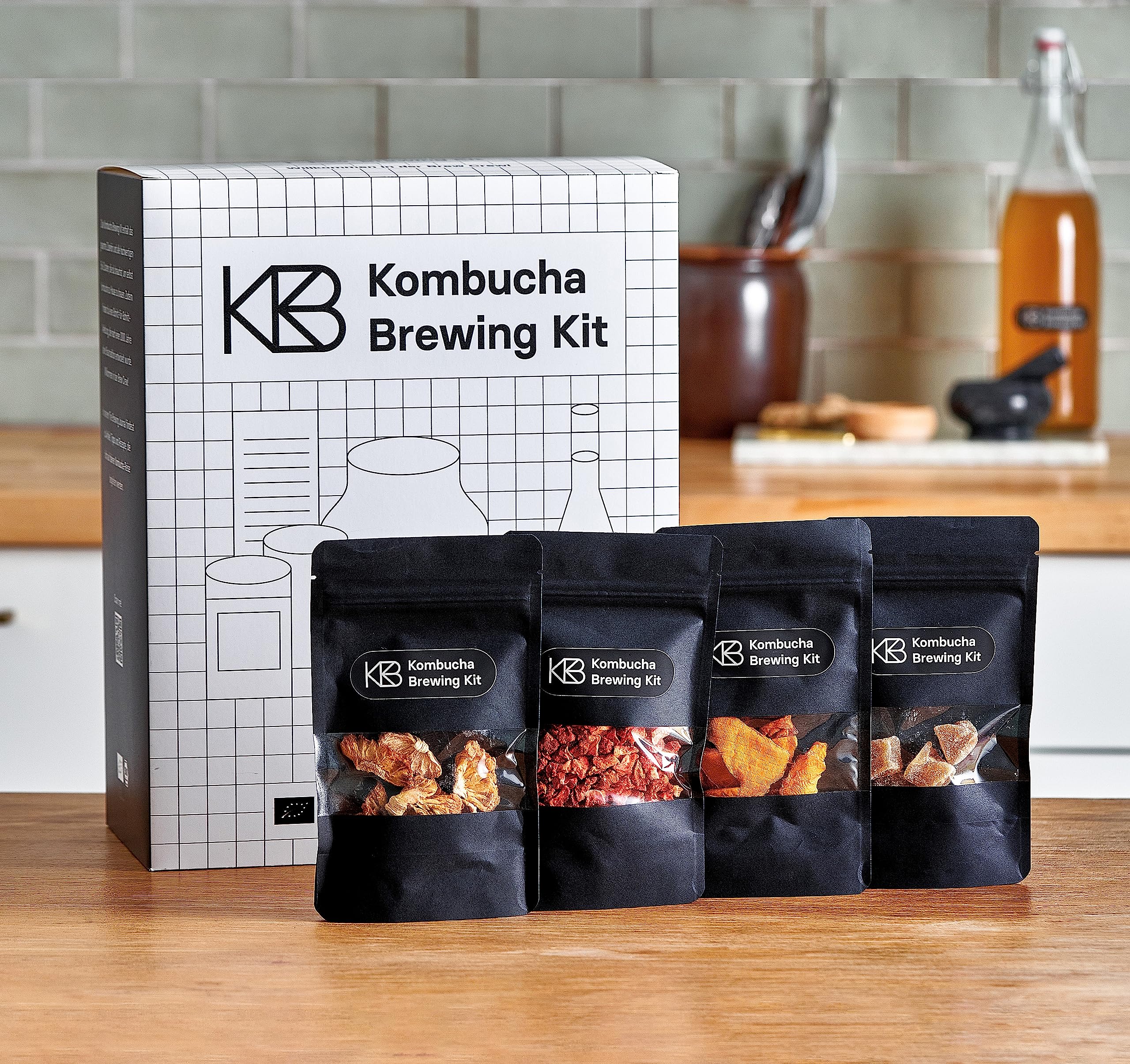 Kombucha Brewing Kit XL Bundlecon 2x coltura starter SCOBY biologica, 4 gusti di infusione, con 2x vaso di fermentazione, 2 bottiglia swing-top, zucchero di canna grezzo biologico, cannuccia di vetro