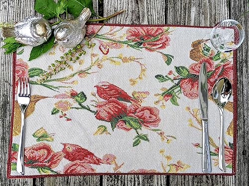 Tache - Manteles individuales de primavera con diseño floral de rosas rojas dulces y pájaros, tapiz vintage estilo shabby chic, para cocina,
