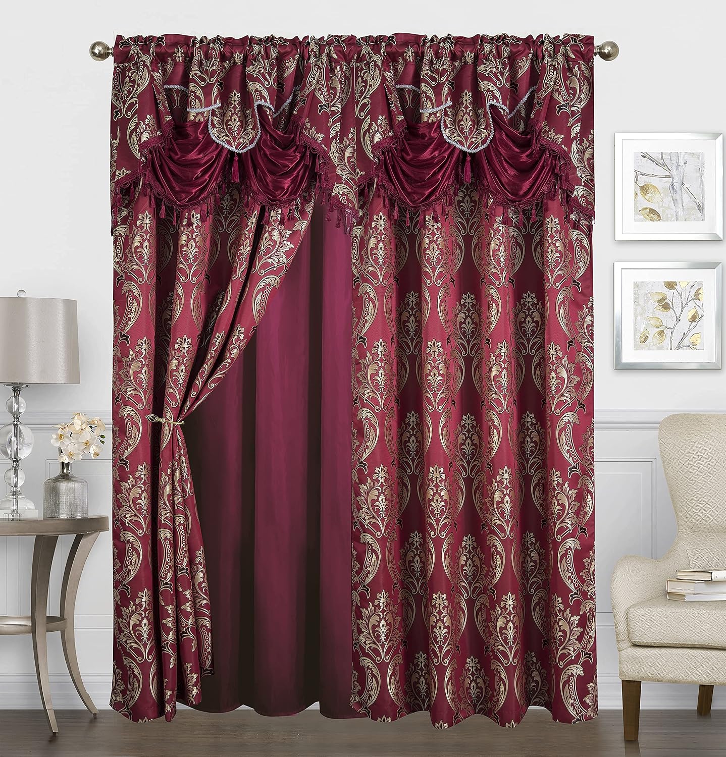 Traditional Jacquard Curtain Drape Set (2 Panels) 84 Inch Long, Includes attached Valance, Sheer Backing, 2 Tassels, Damask Floral Pattern Drape for Living and dining rooms, 647-84, Burgundy