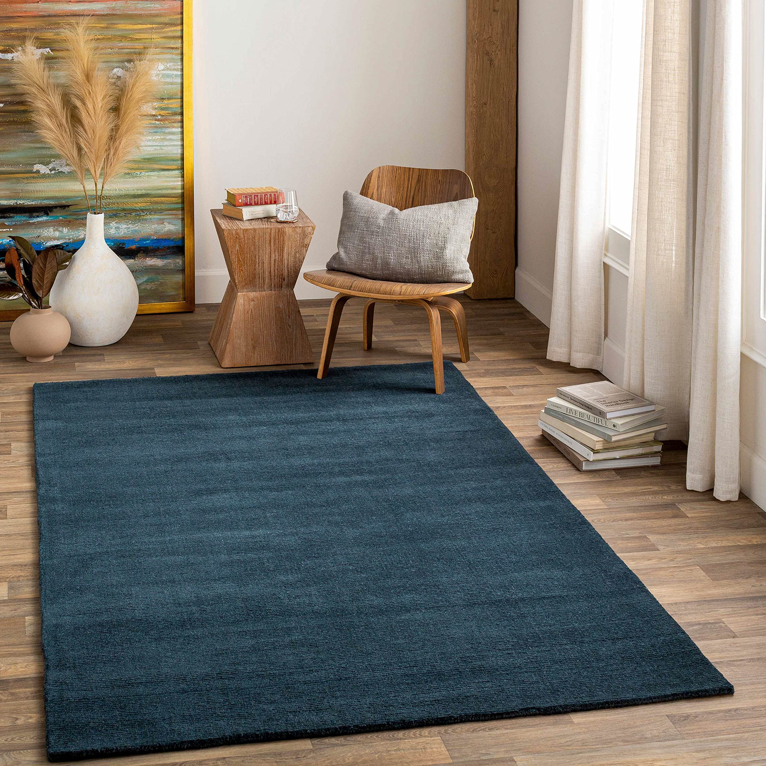 GC Global Carpets Premium Plain Super Soft Hand Tufted 100% Woollen Carpet for Living Room-Bedroom & Hall(Color-Ink Blue/Size 5x8 ft)