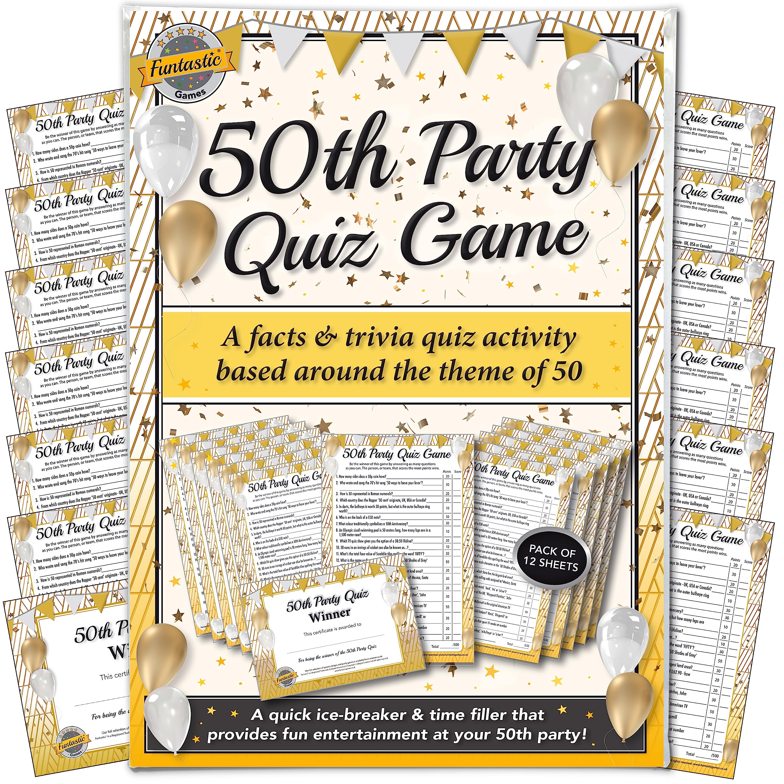 Funtastic50th Party Quiz Activity Game | A quick ice-breaker time filler providing fun entertainment | Great accessory idea for table decoration
