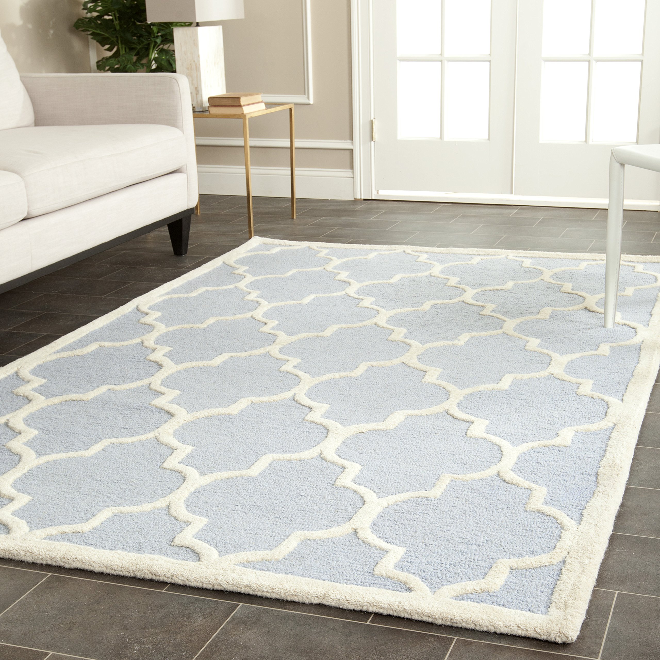 Safavieh Trellis Indoor Hand Tufted Rectangle Area Rug, Cambridge Collection, CAM134, in Light Blue / Ivory, 122 X 183 cm for Living Room, Bedroom or Any Indoor Space