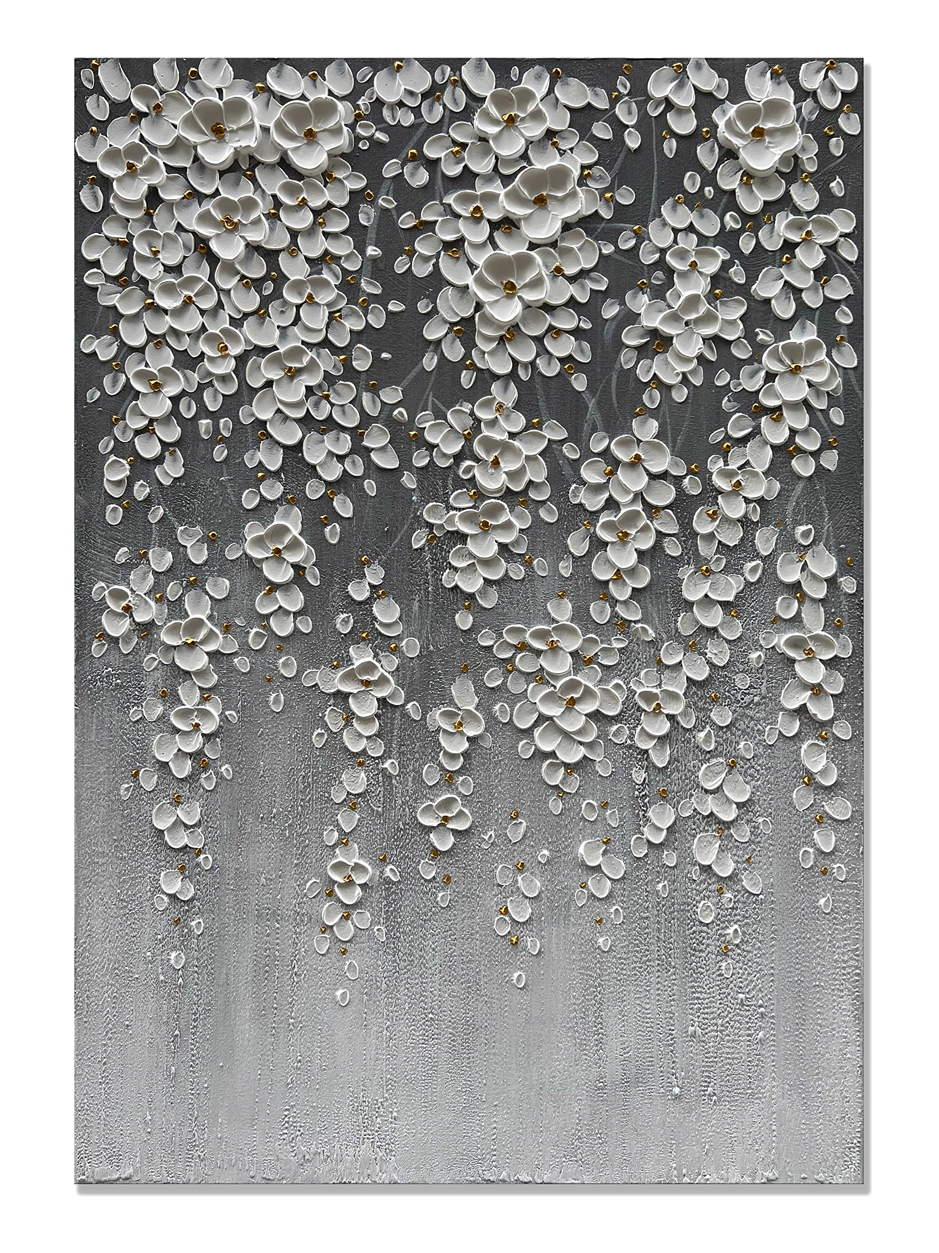 zoinart 3D Oil Painting on Canvas, 28x40 inch Hand Painted Abstract White Flowers/Floral Paintings Grey Artwork Modern Canvas Wall Art Wall Decor Framed Ready to Hang