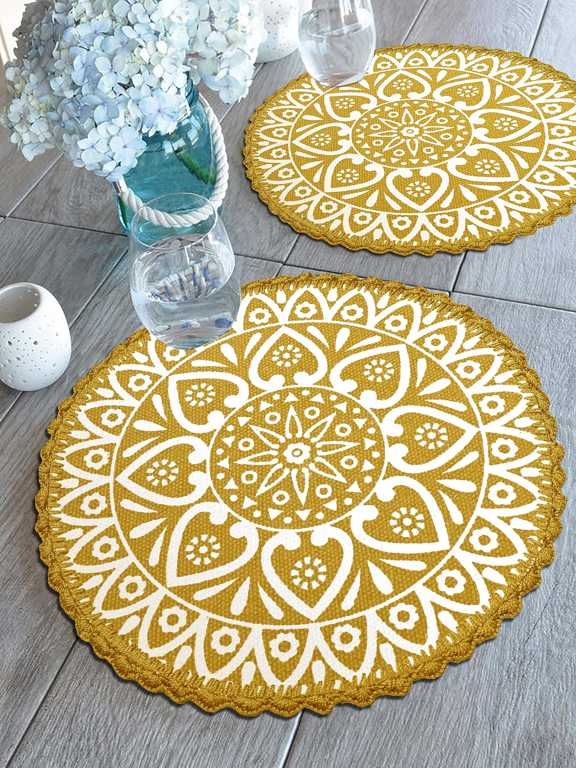 SARAL HOME EASY LIVING Jute And Cotton Crochet Antiskid Printed Round Table Mat | Placemats For Bed-Side Table, Center Table, Dining Table, Shelves | Home Decor, Set Of 2 Pc (Yellow, 38X38 Cm)