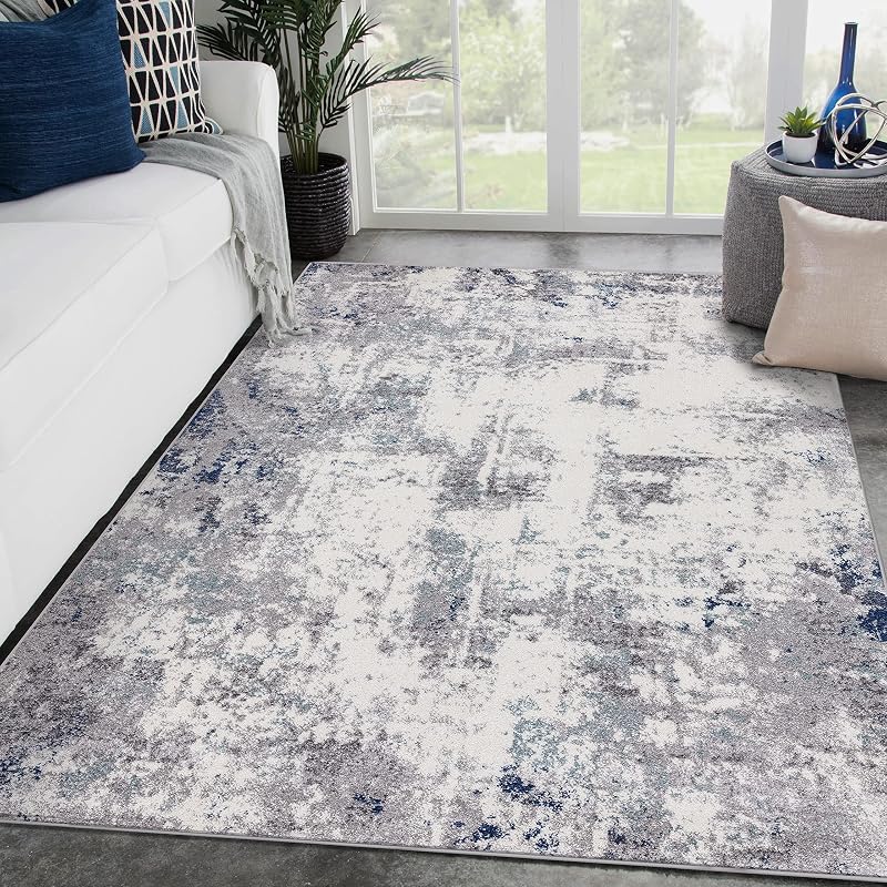 Abstract Medium Pile Area Rug Ivory 6x9
