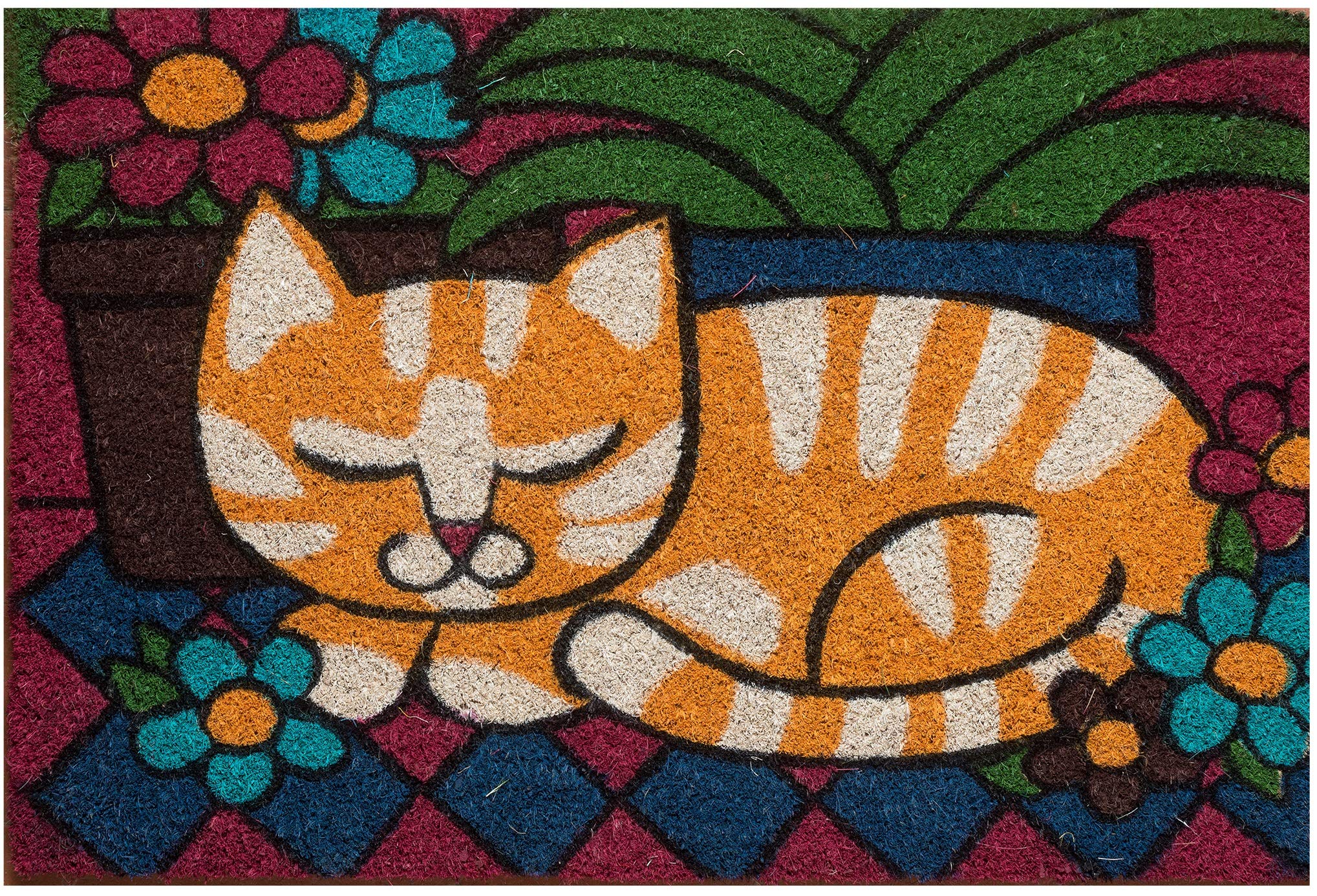 Felpudo de exterior hecho de coco con base de PVC pintado a mano con representación de gato naranja, 60 x 40 x 2 cm fácil de limpiar y muy resistente